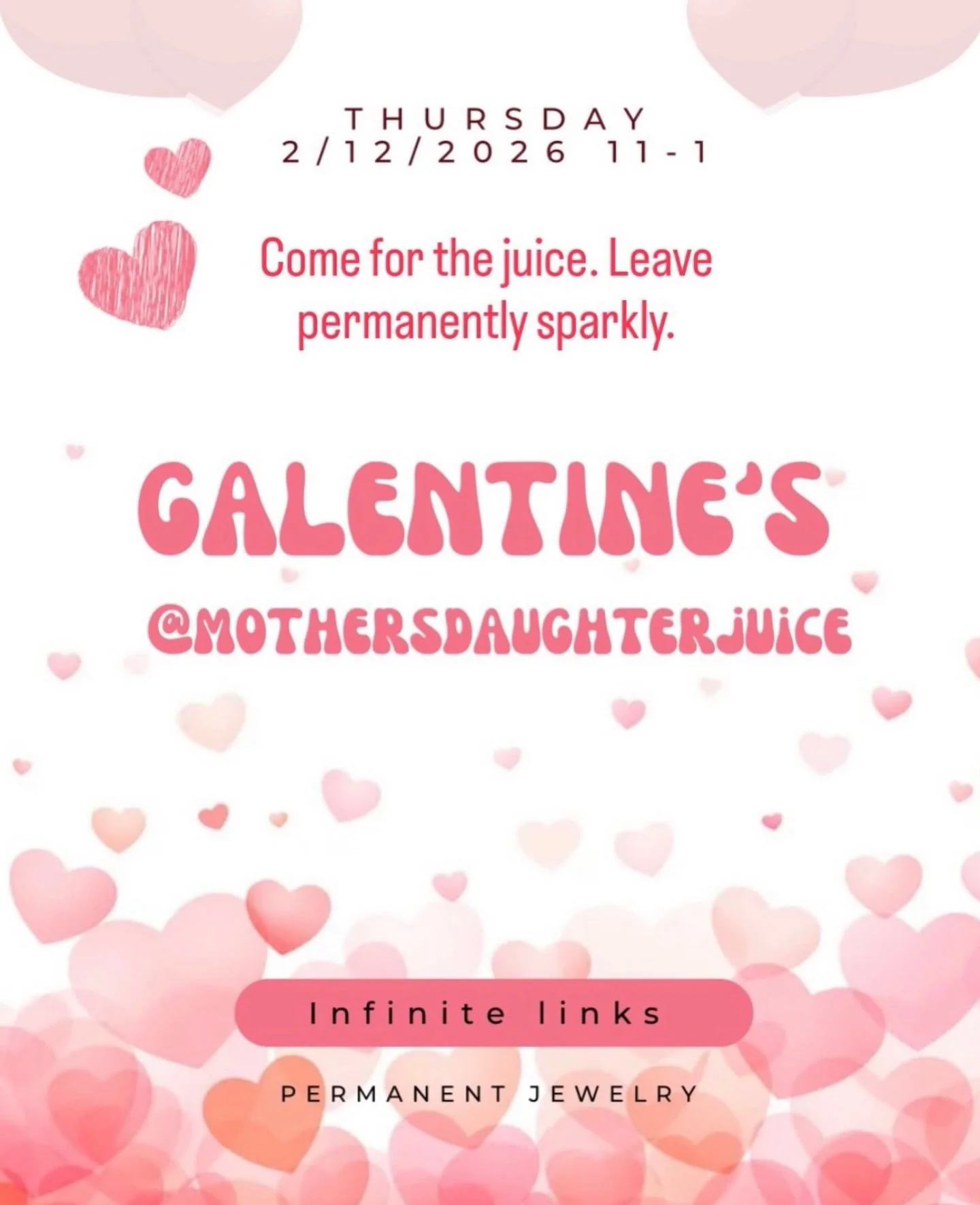 Grab your girls and come get linked 💕

We&rsquo;re so excited to have @infinitelinks25 popping up at the juice bar for a special Galentine&rsquo;s Day event on Thursday 2/12 from 11am-1pm 💘

Sip something fresh, get permanently sparkly + enjoy a da