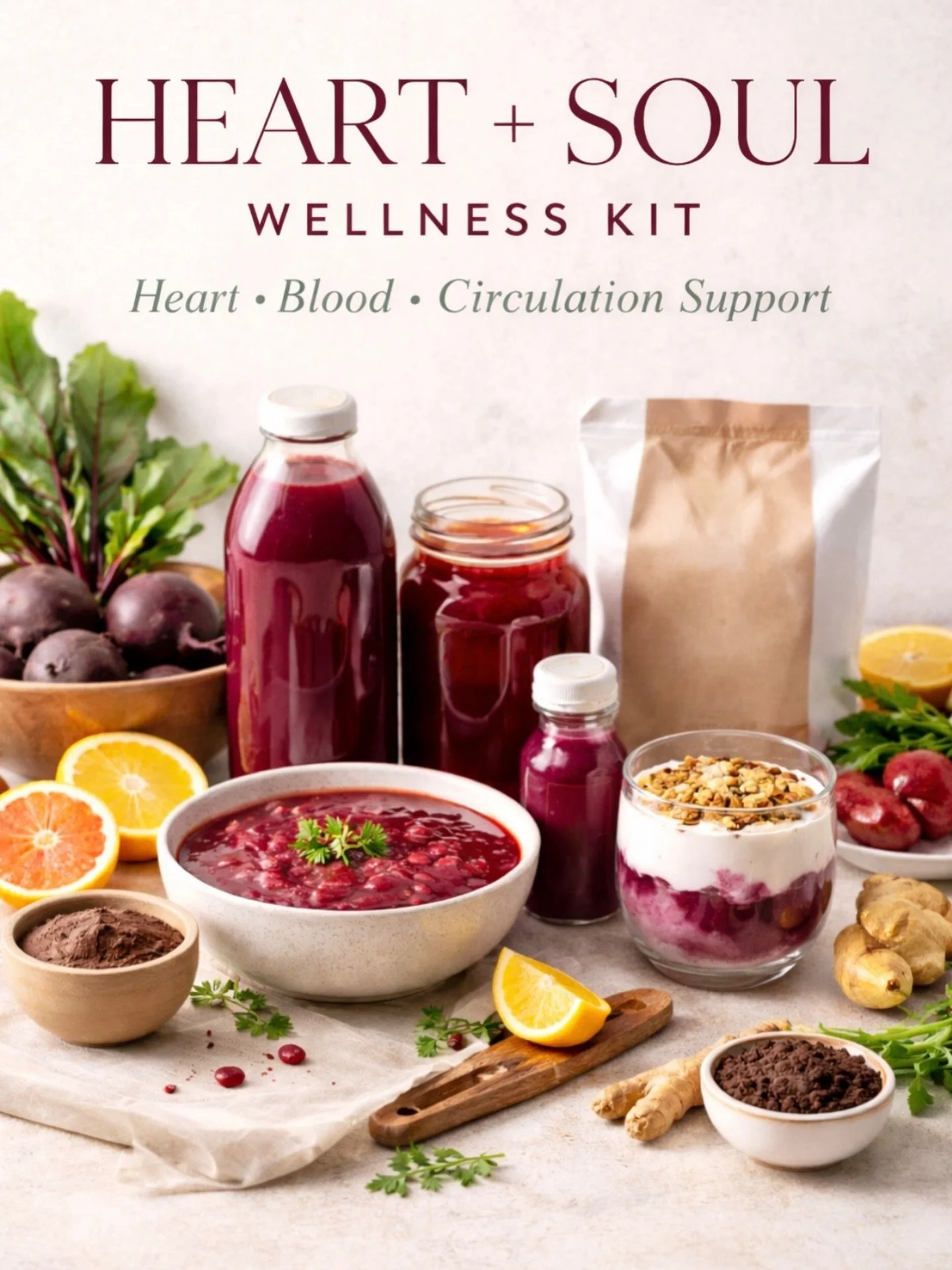 Introducing Our February 𝐇𝐞𝐚𝐫𝐭 + 𝐒𝐨𝐮𝐥 𝐖𝐞𝐥𝐥𝐧𝐞𝐬𝐬 𝐊𝐢𝐭❤️

Our 𝐇𝐞𝐚𝐫𝐭 + 𝐒𝐨𝐮𝐥 𝐖𝐞𝐥𝐥𝐧𝐞𝐬𝐬 𝐊𝐢𝐭 is thoughtfully crafted to support heart health, blood health, and healthy circulation, using beet-forward, nutrient-dense foo