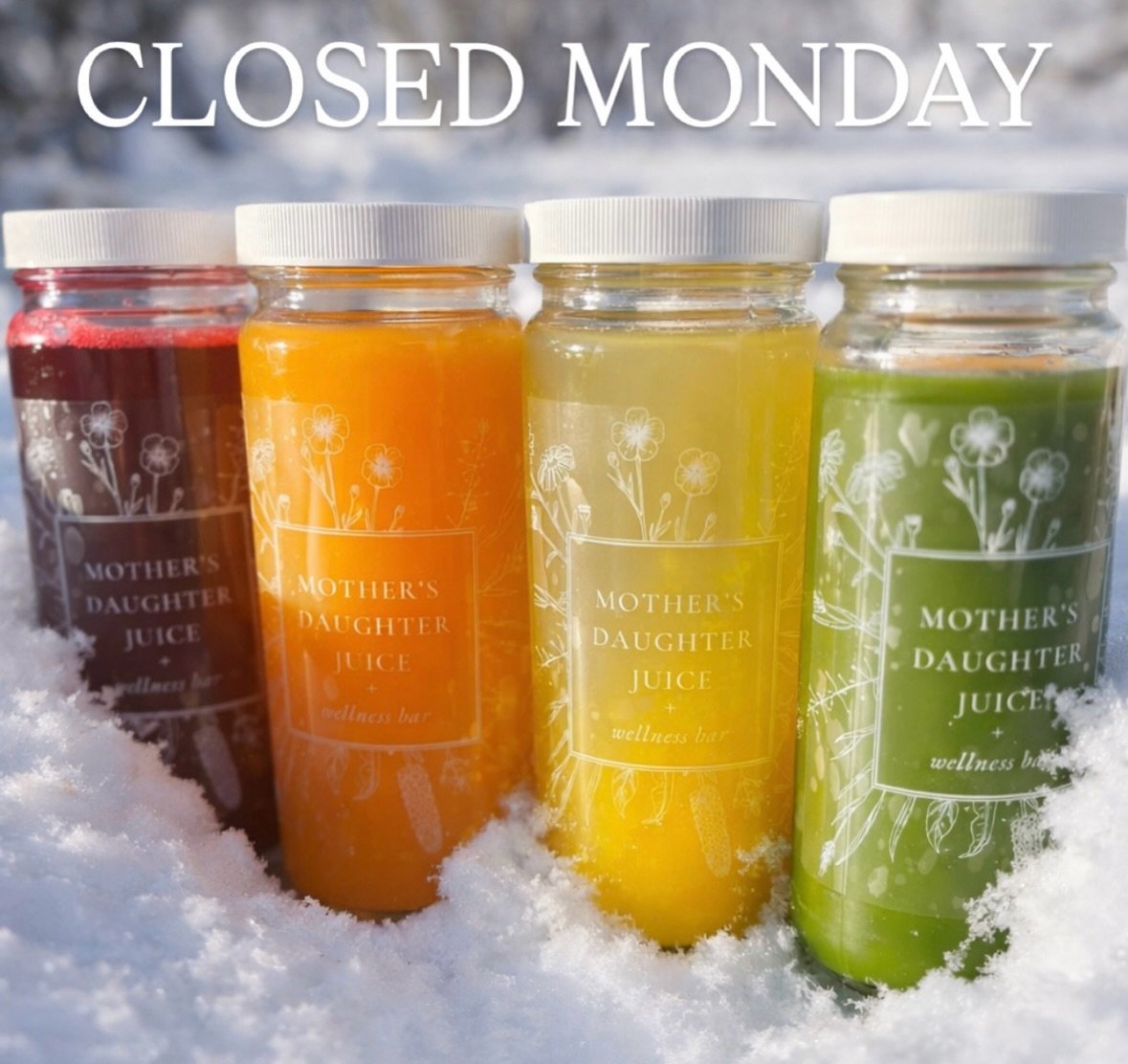 The juice bar will be closed Monday due to the impending snowstorm. Stay safe + warm ❄️