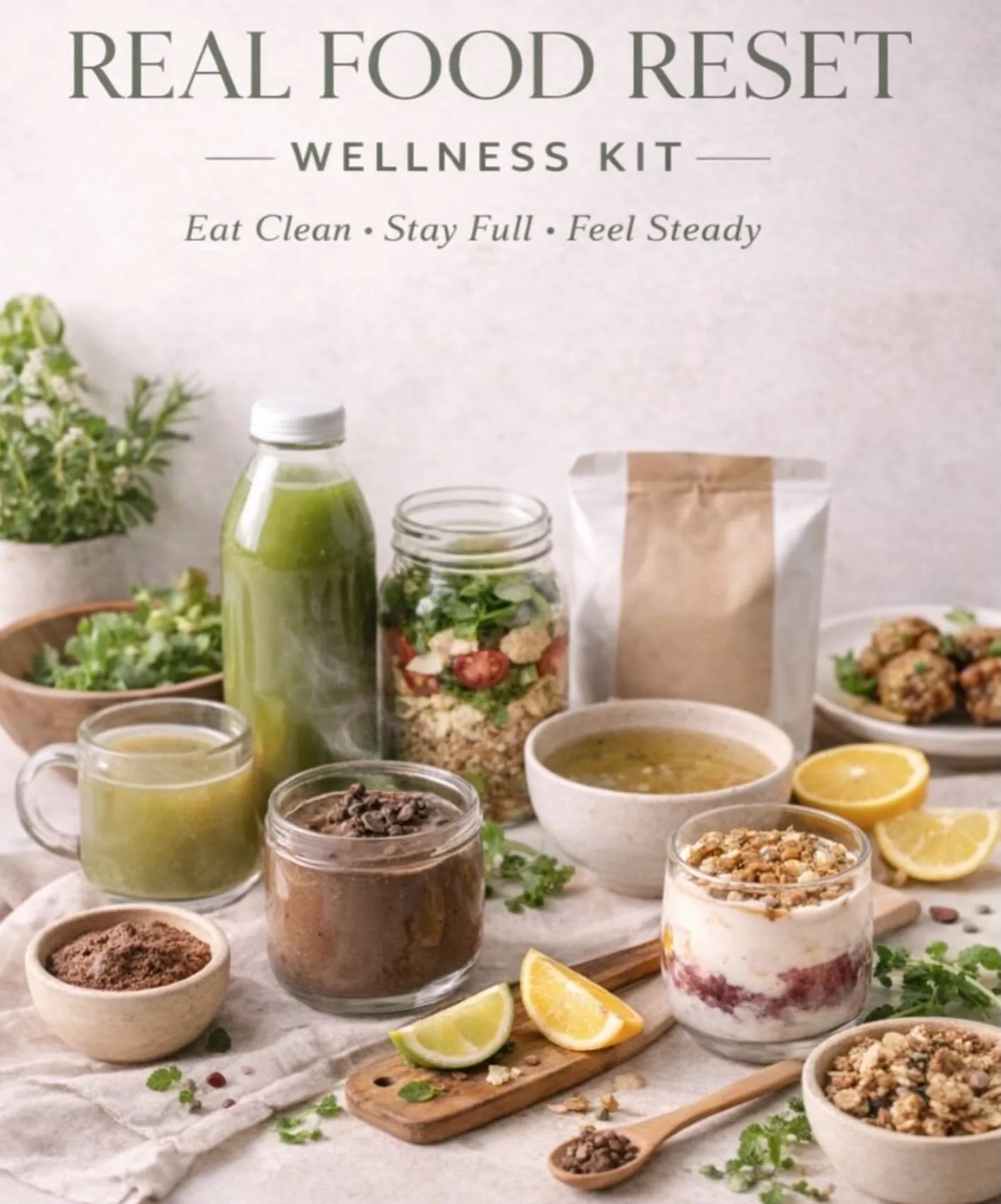 Introducing Our April
✨𝗥𝗲𝗮𝗹 𝗙𝗼𝗼𝗱 𝗥𝗲𝘀𝗲𝘁 𝗞𝗶𝘁&nbsp;✨
This isn&rsquo;t a cleanse, it&rsquo;s a reset built on real, nourishing food.
Designed to support steady energy, balanced blood sugar, and true satiety, this kit gives your body what 