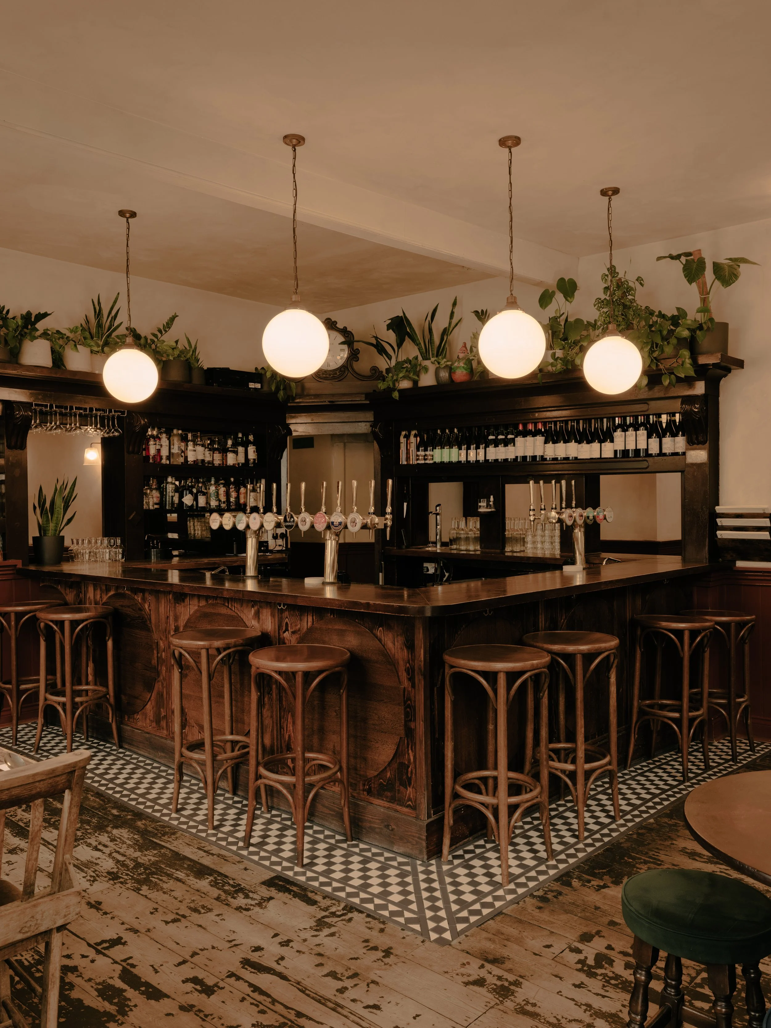 Interior of a bar with a wooden bar counter, bar stools, pendant lights, and plants on a shelf behind the bar.