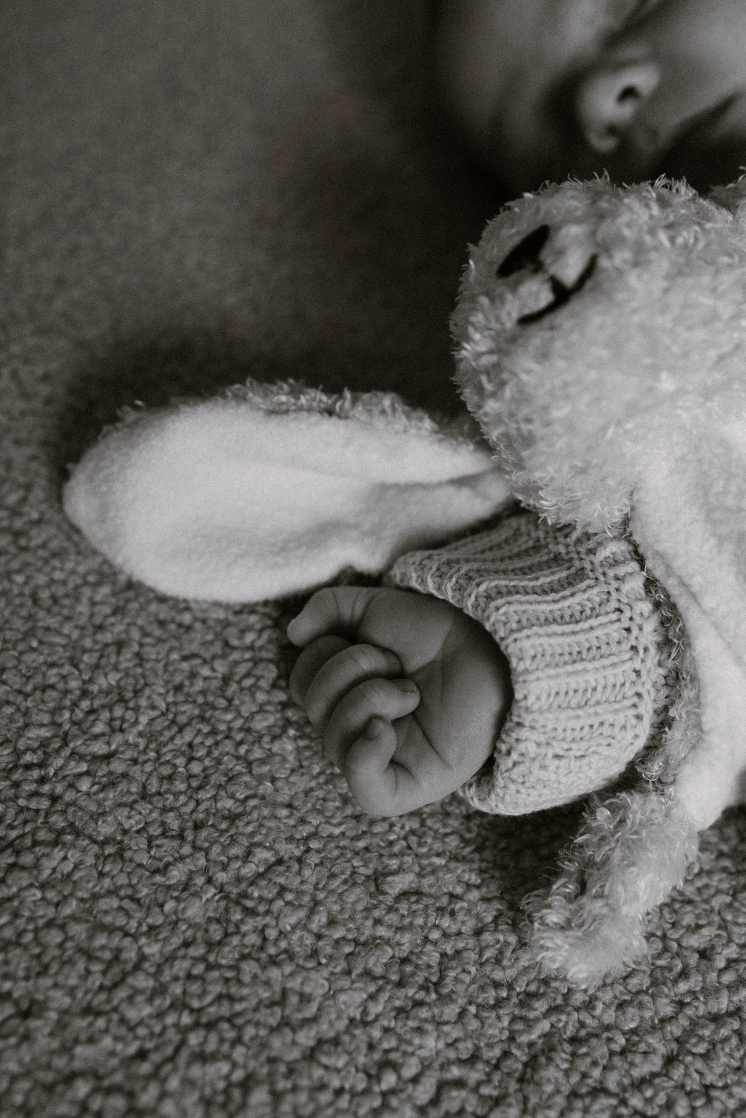 A newborn holding a teddy bear, with another teddy bear lying on a carpeted surface. The baby is wearing a knitted sleeve, and the image is in black and white. newbornshoot, newbornfotograaf haarlem, newborn shoot thuis. 