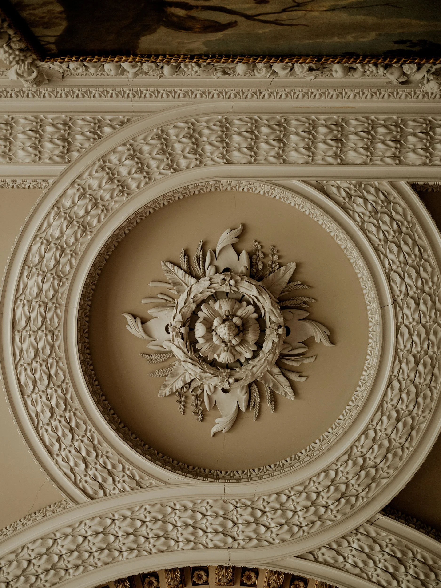 Ornate ceiling with floral and leaf motifs, including a central floral design surrounded by decorative patterns and moldings.