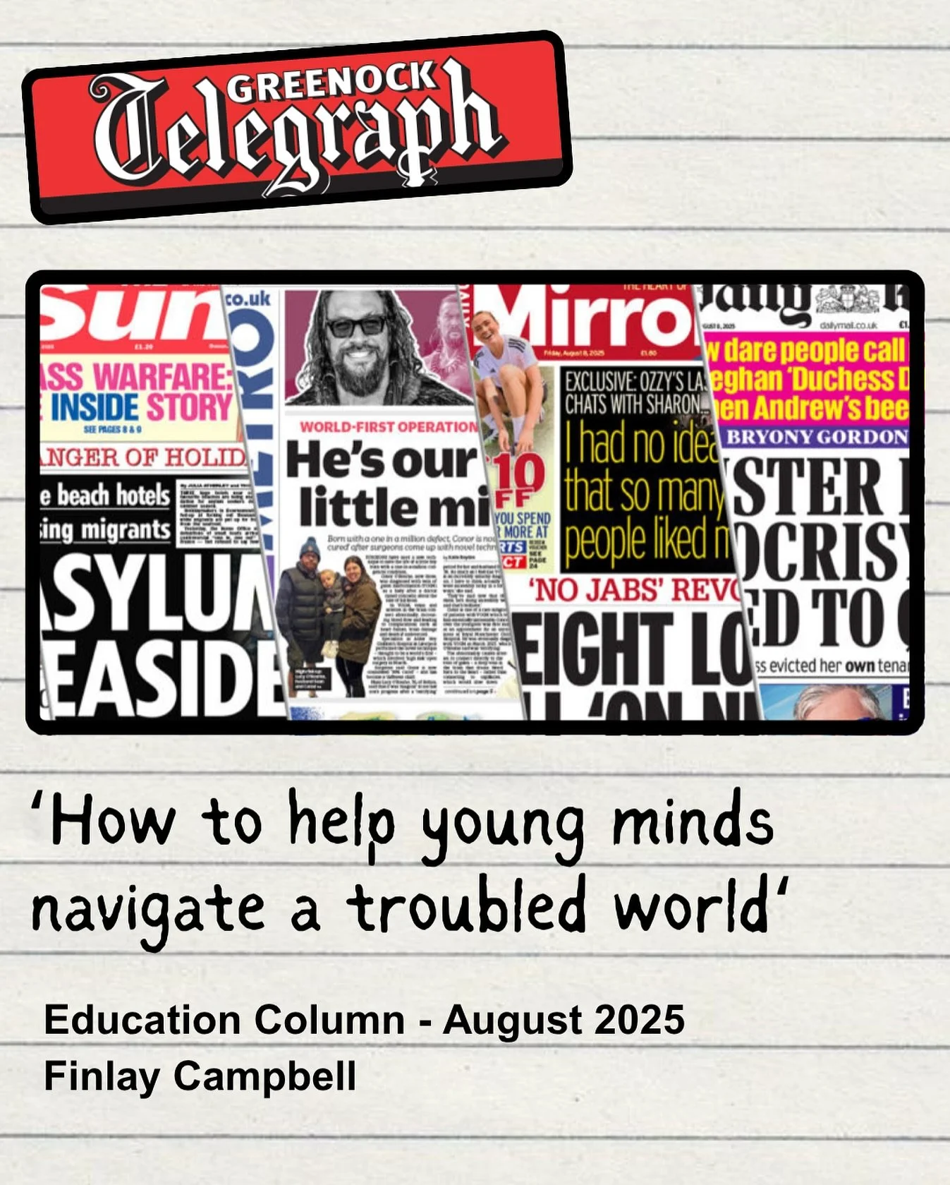 Trustee, Finlay Campbell, has his latest education column in today’s @greenocktele . 
‘By listening without judgment, offering perspective, and reminding them of the good that still surrounds us in Inverclyde, we can help our future lead
