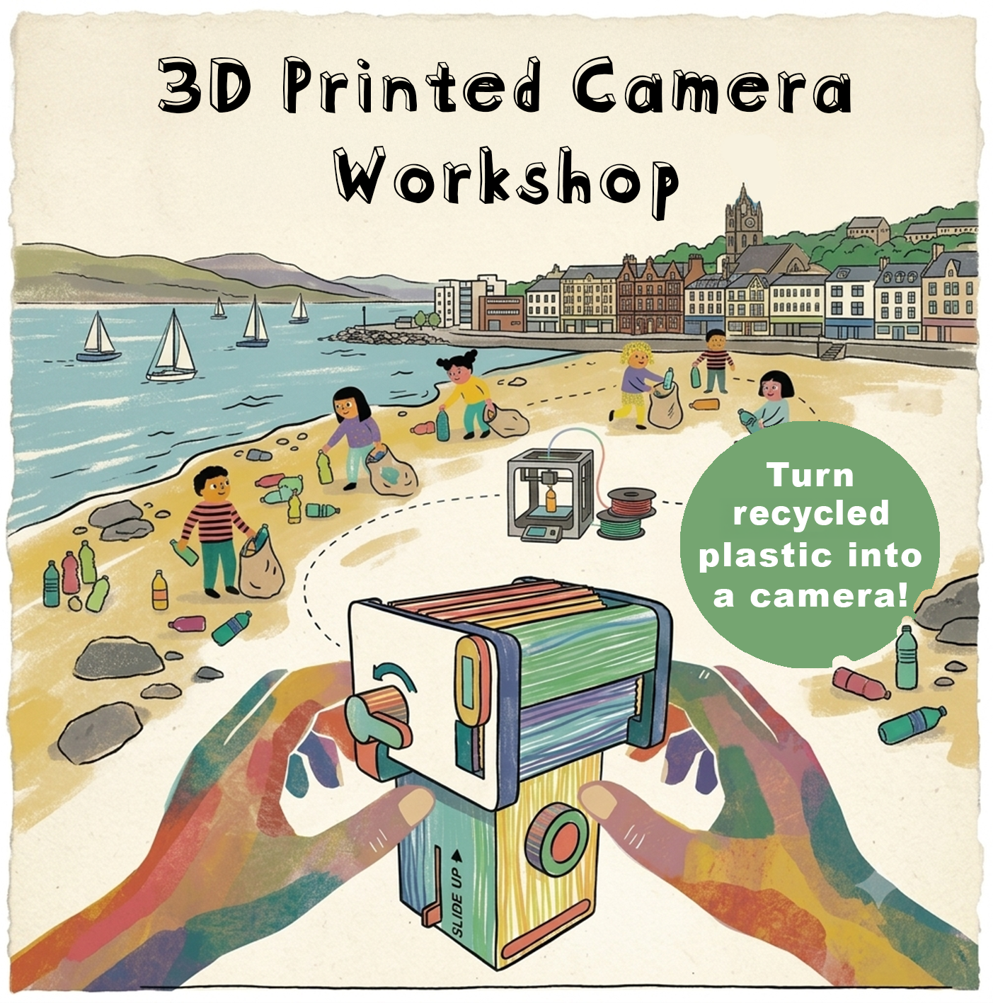 3D PRINTED CAMERA WORKSHOP
 Age 8-18
 
 
Across two afternoon workshops, participants will make and use a simple 3D printed instant pinhole camera created from recycled plastic. Working with plastic bottles collected locally, participants will discov