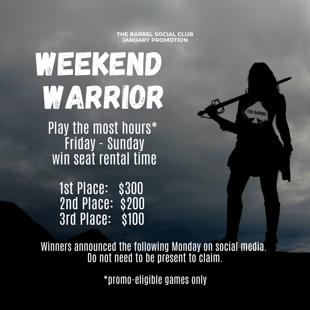 Silhouette of a woman holding a spear on a clouded sky background, advertising a weekend warrior promotion for The Barrel Social Club with details about prizes for playing the most hours Friday to Sunday.
