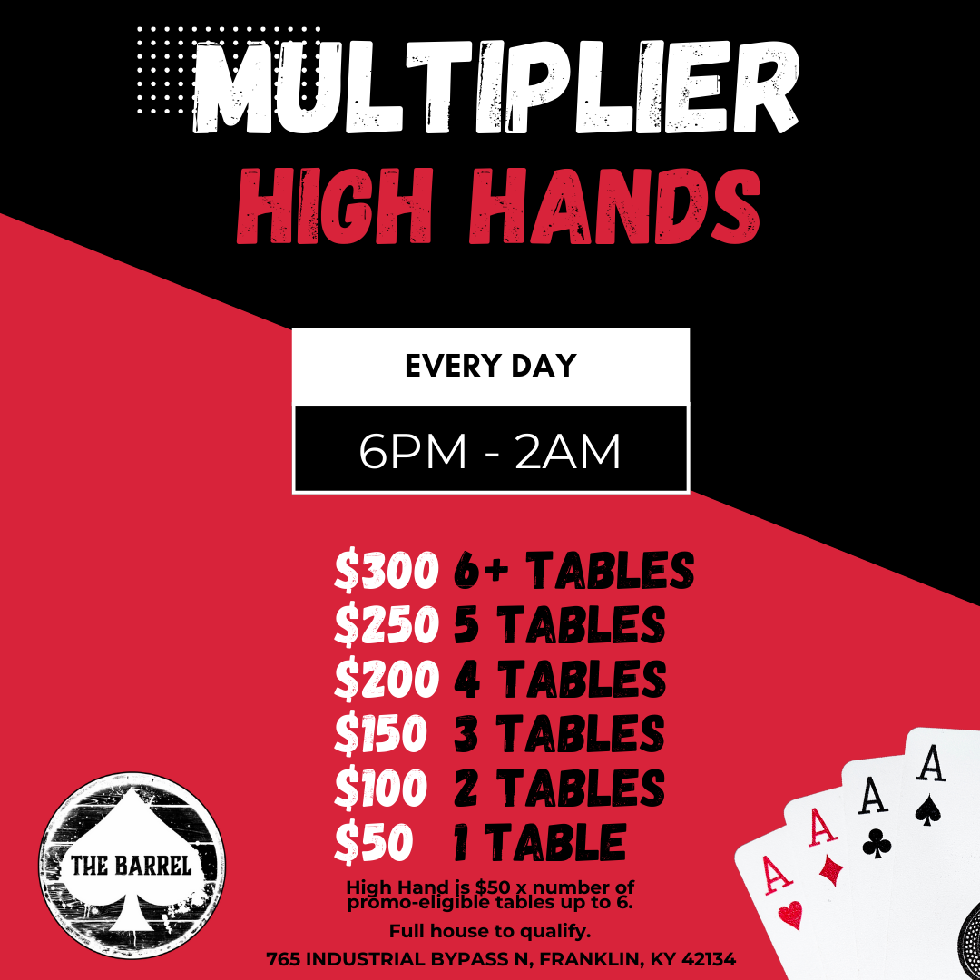 Poster advertising a high hands poker game at The Barrel, with details on daily timing, prize structure based on number of tables, and location in Franklin, Kentucky.