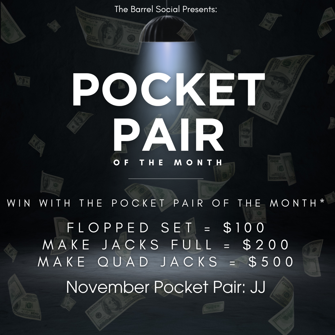 Promotional graphic for 'Pocket Pair of the Month' contest, featuring falling dollar bills and text details about prizes and winners, with a dark background and a spotlight effect.