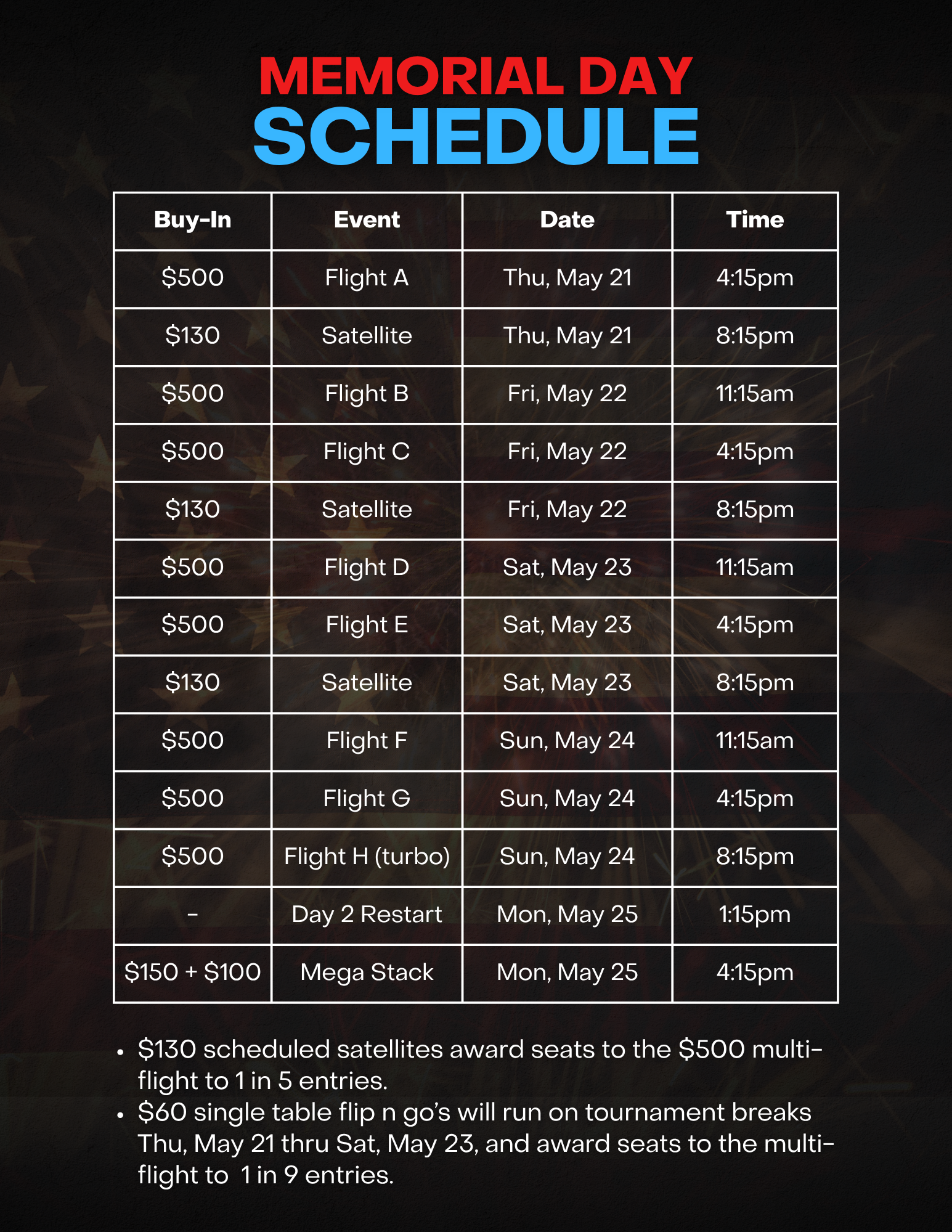 Schedule for 2026 memorial day multi-flight $150,000 guaranteed event and satellites, and the memorial day megastack