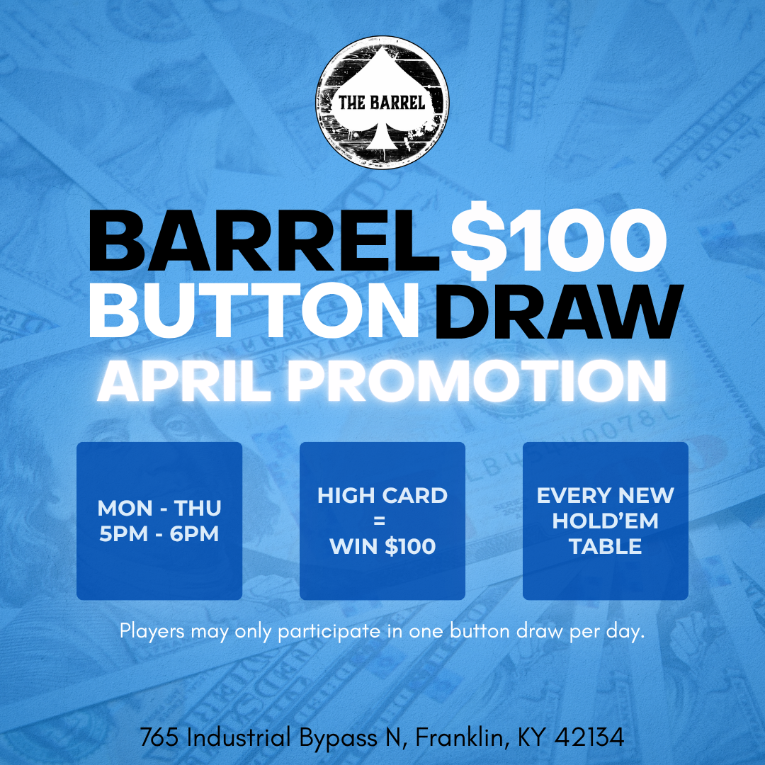 Promotional poster for The Barrel's April Button Draw. The poster features the company's logo at the top, black and white text about the $100 prize, and details about the promotion, including the days and times for participation, the high card win, and the rules about participation. The background shows a faint image of dollar bills and the address of The Barrel is at the bottom.