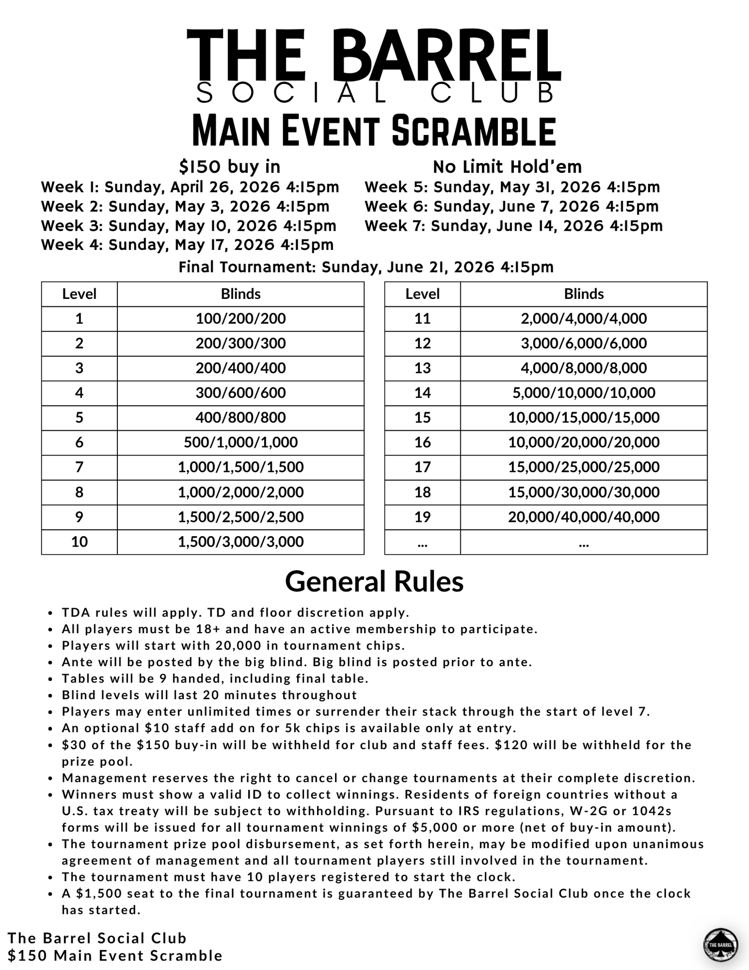 $150 Main Event Scramble — The Barrel Social Club Poker