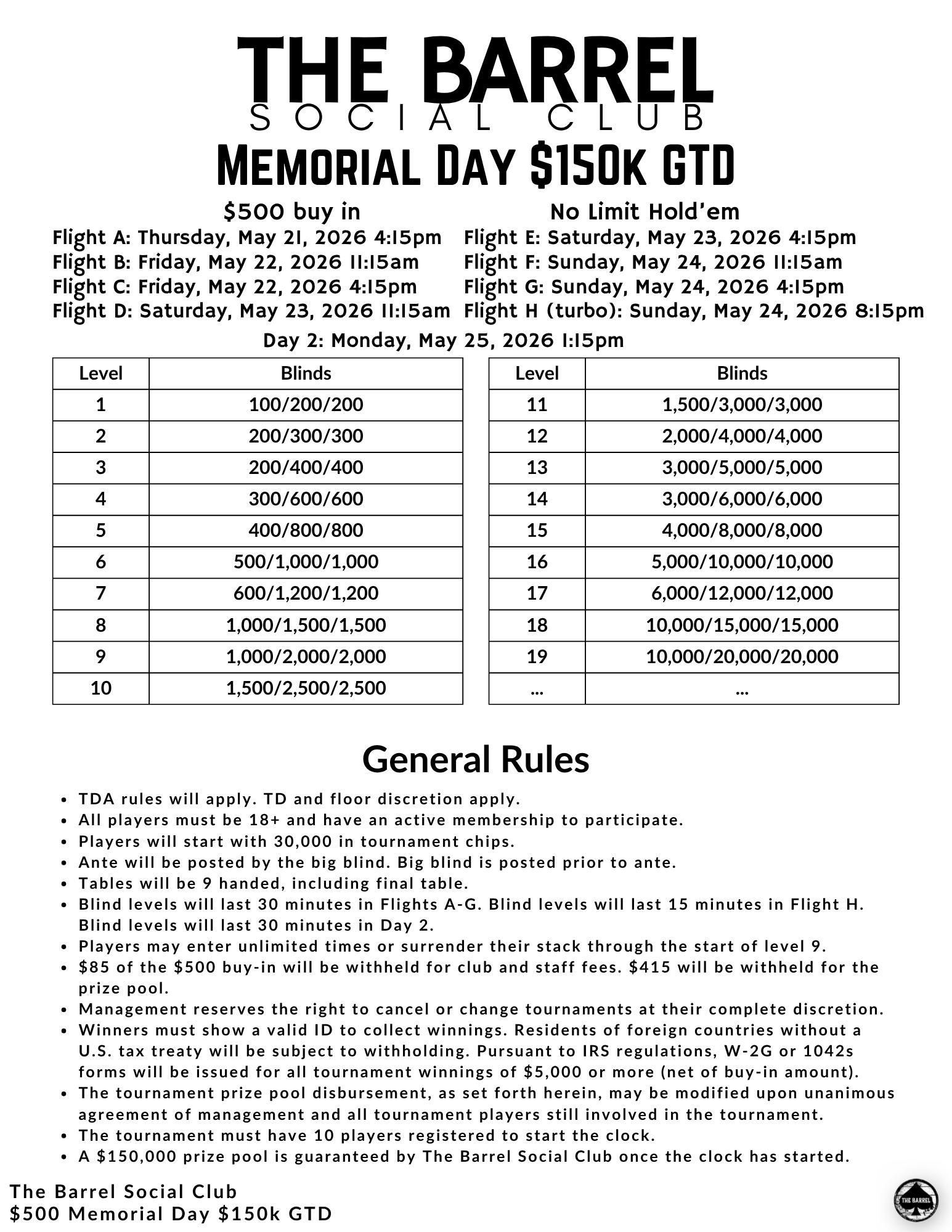 Memorial Day $150k GTD structure sheet