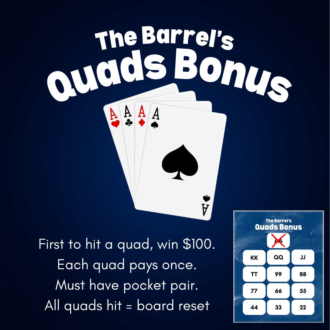 A promotional graphic for The Barrel's Quads Bonus game featuring four aces and a spade card, with instructions about winning, paying, and rules, alongside a payout table.