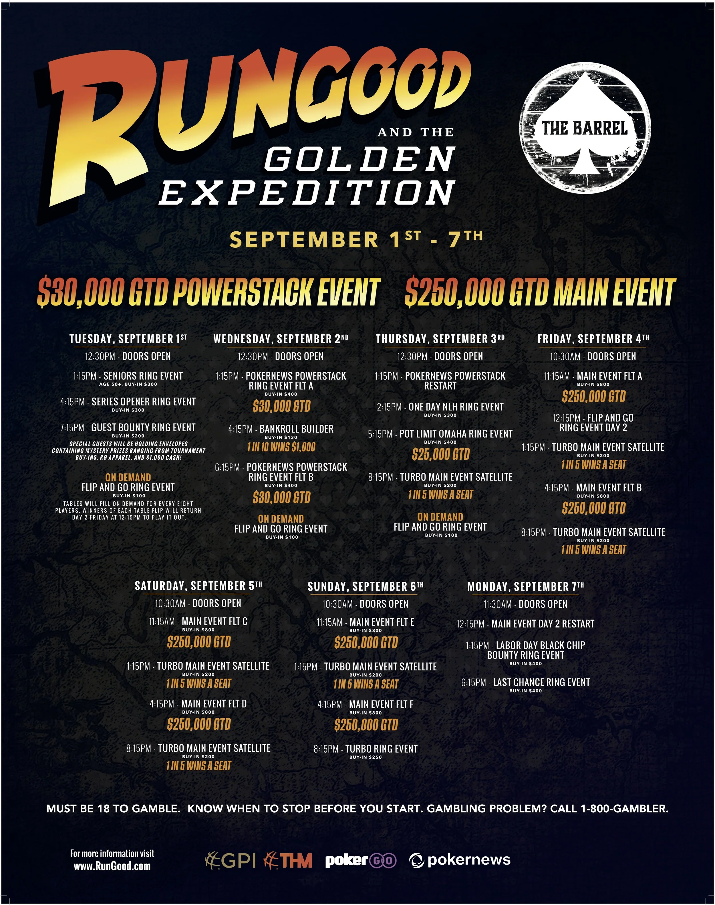 Schedule of poker tournaments from September 1 to September 7, with event details, buy-in amounts, and prize pools of over $250,000. The background is dark with orange and white text, including logos of poker organizations at the bottom.