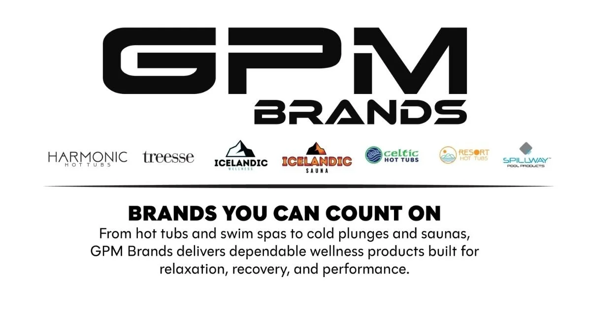 GPM Brands logo with icons for Harmonic Hot Tubs, Treesse, Icelandic Wellness, Icelandic Sauna, Celtic Hot Tubs, Resort Hot Tubs, Spillway Pool Products. Text: GPM Brands. Subtitle: Brands you can count on. Description of products including hot tubs, swim spas, cold plunges, and saunas.