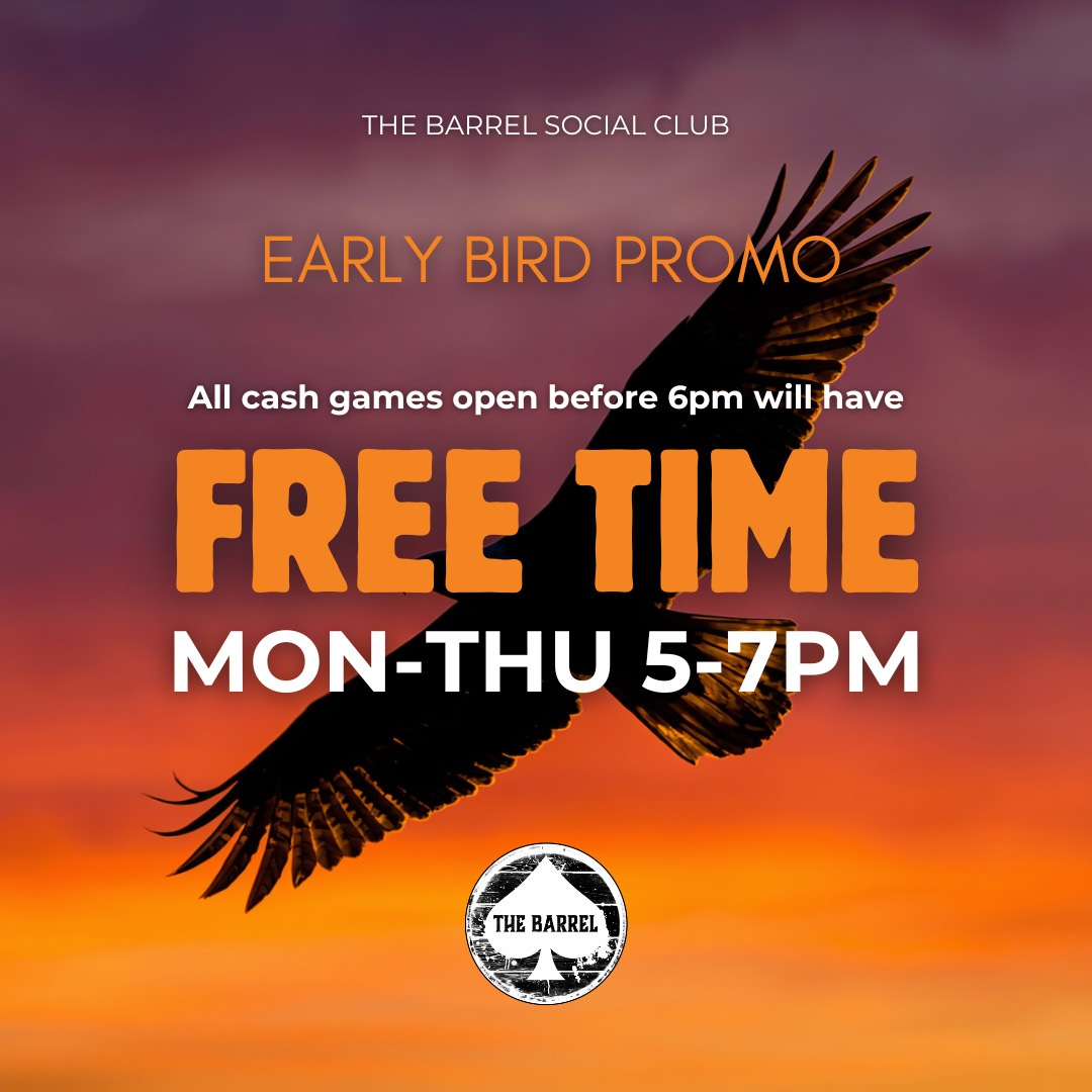 An advertisement for The Barrel Social Club's early bird promo featuring a soaring bird silhouette against a colorful sunset sky with promotional text.
