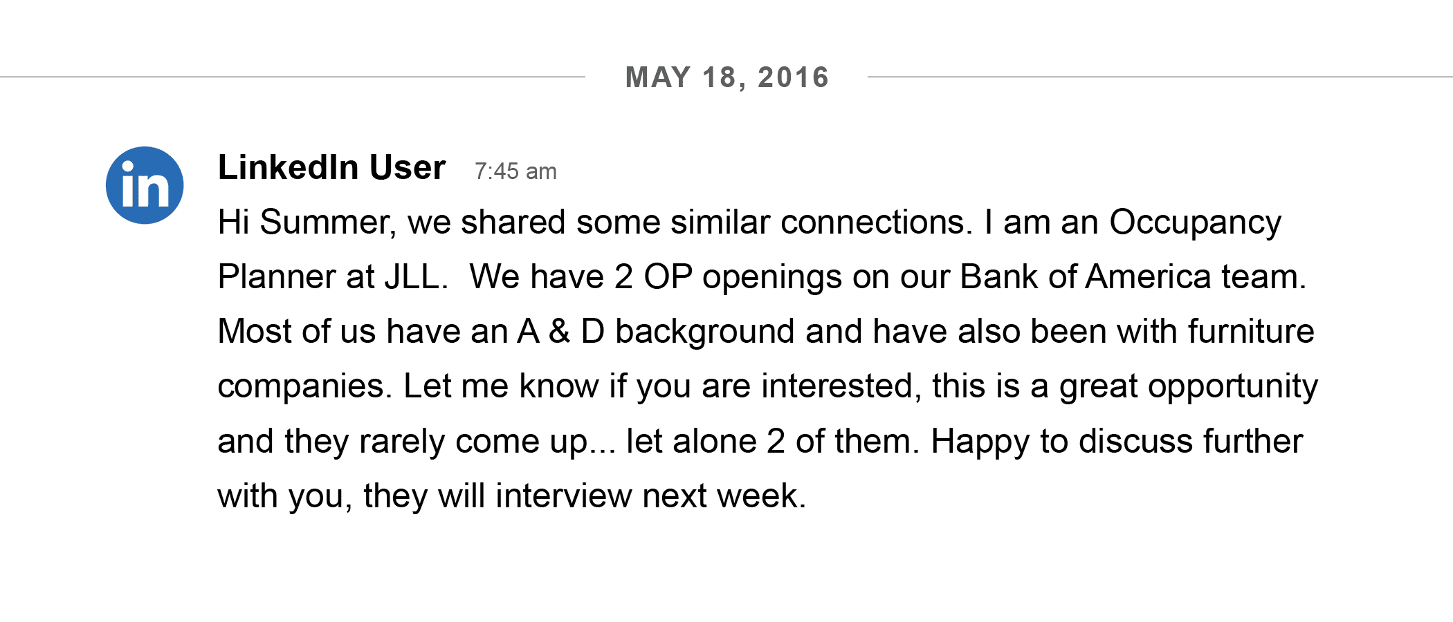 LinkedIn direct message from a professional contact describing an opening in occupancy planning, representing the moment the author discovered this career path.