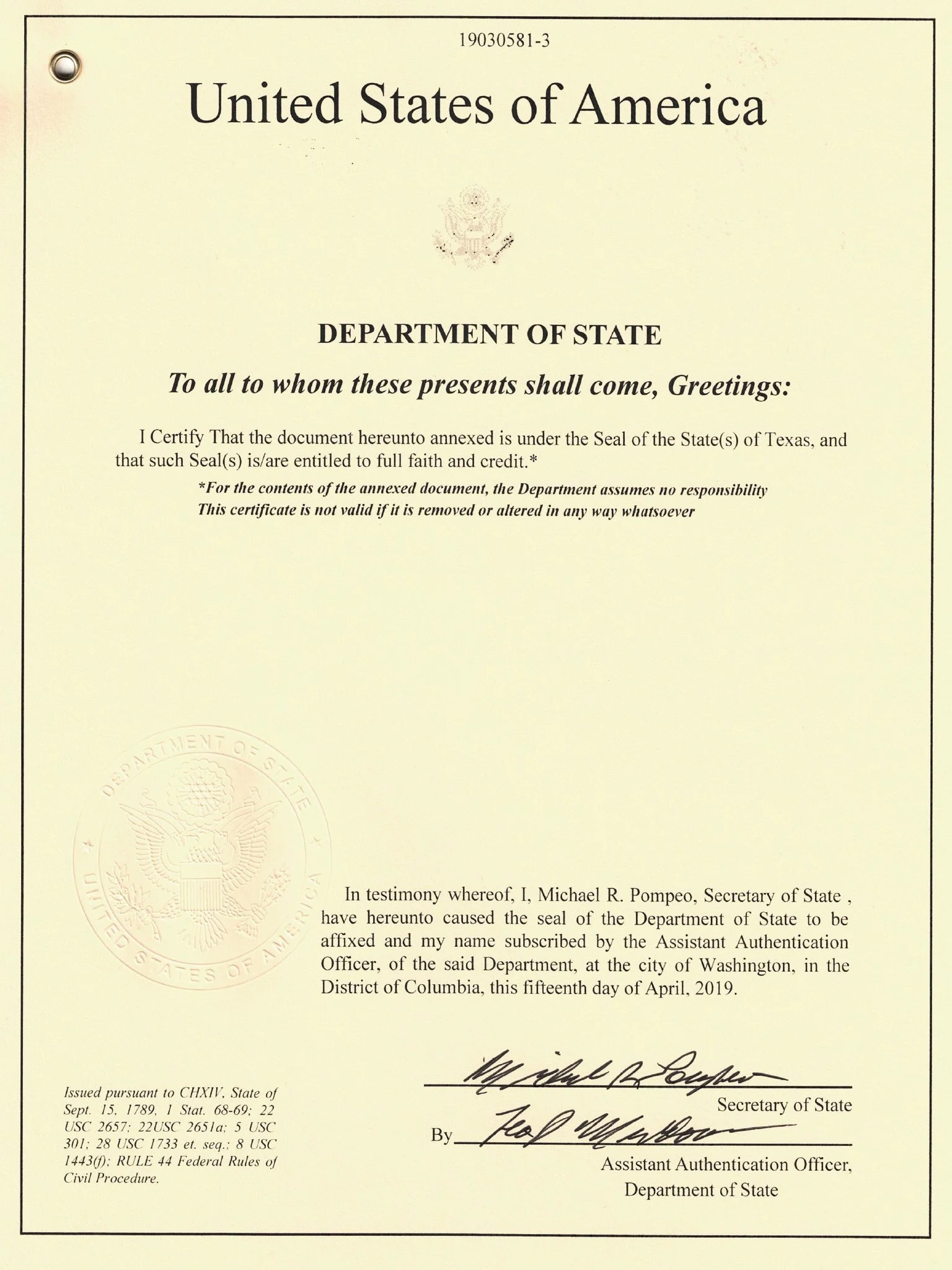 U.S. Department of State Apostille and Authentication Process