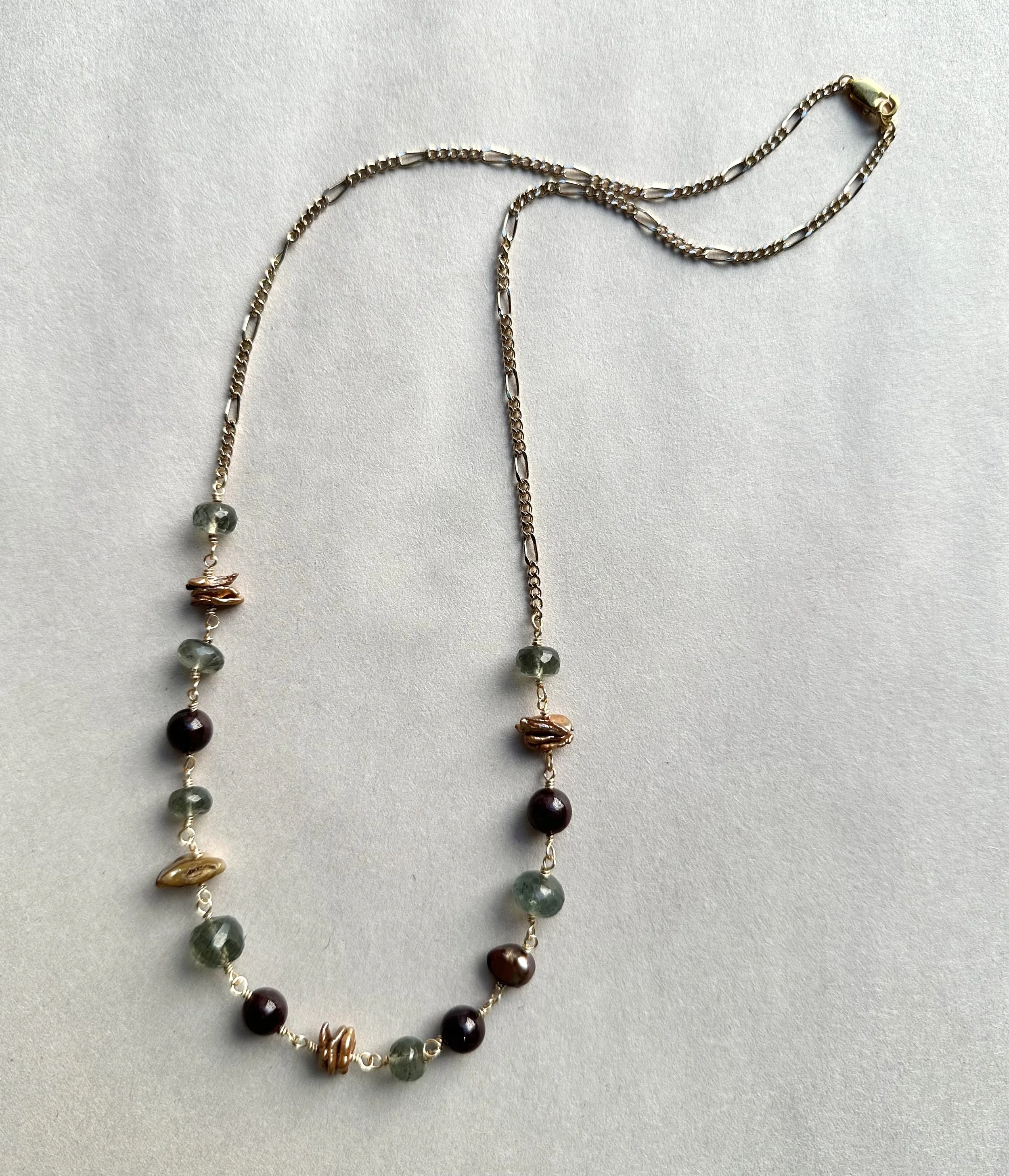 Komorebi | Moss Aquamarine, Garnet & Japanese Heishi Pearl Necklace