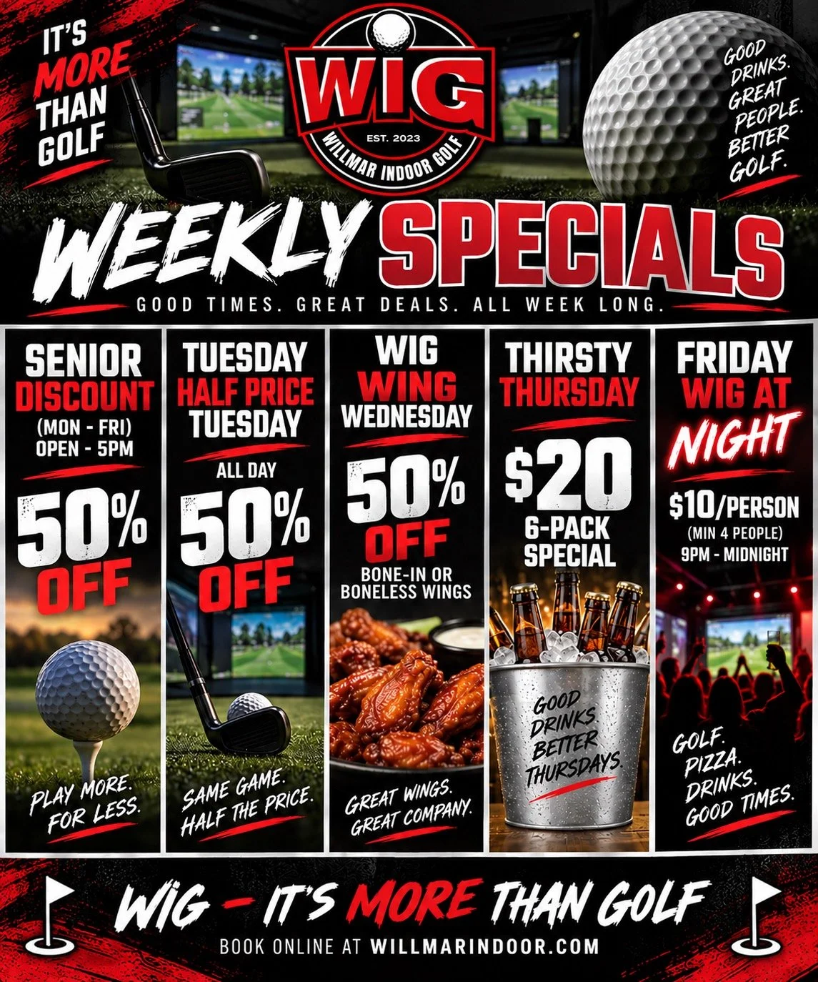 WIG weekly specials flyer: senior discount, Half-Price Tuesday, Wing Wednesday, Thirsty Thursday, and WIG at Night