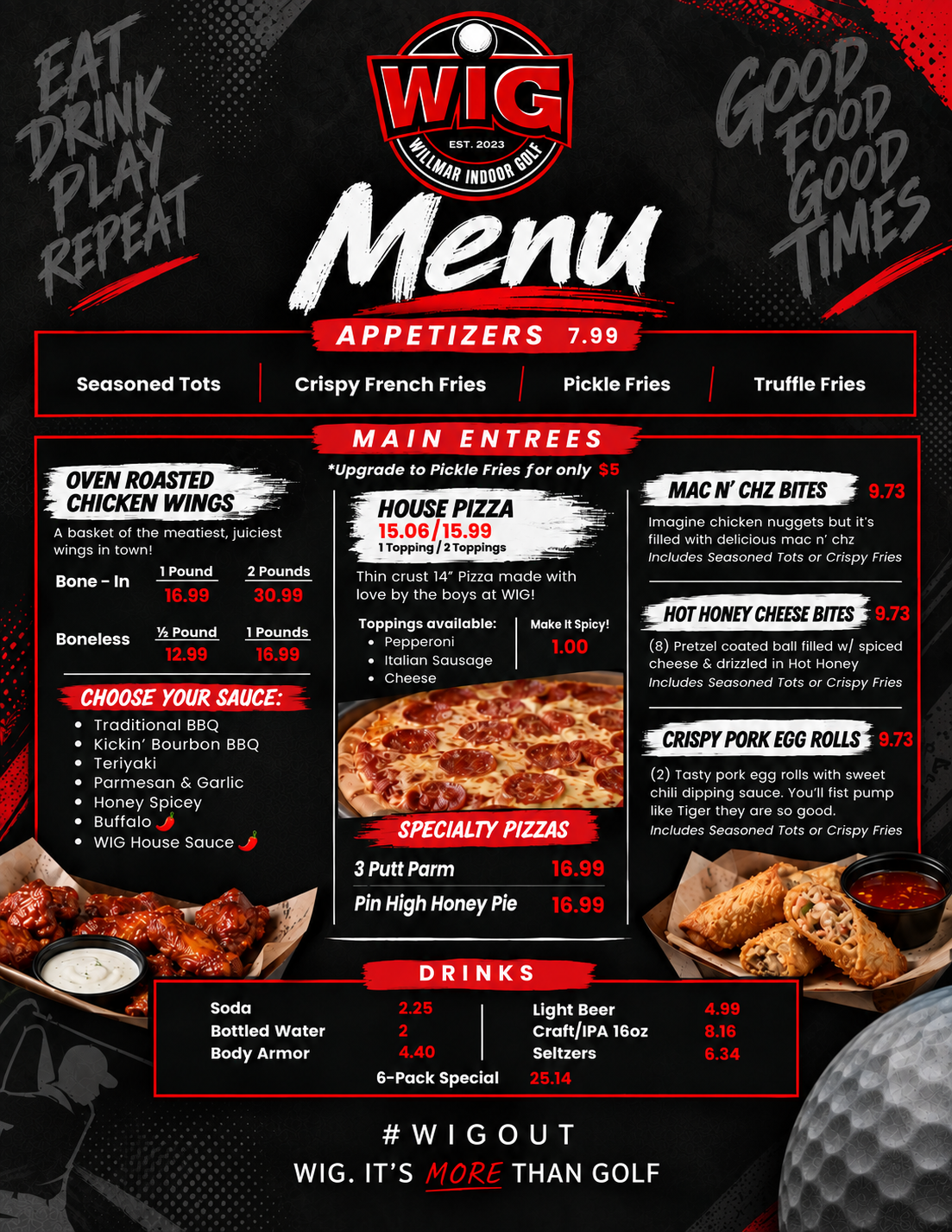 WIG food menu with pizzas and wings
