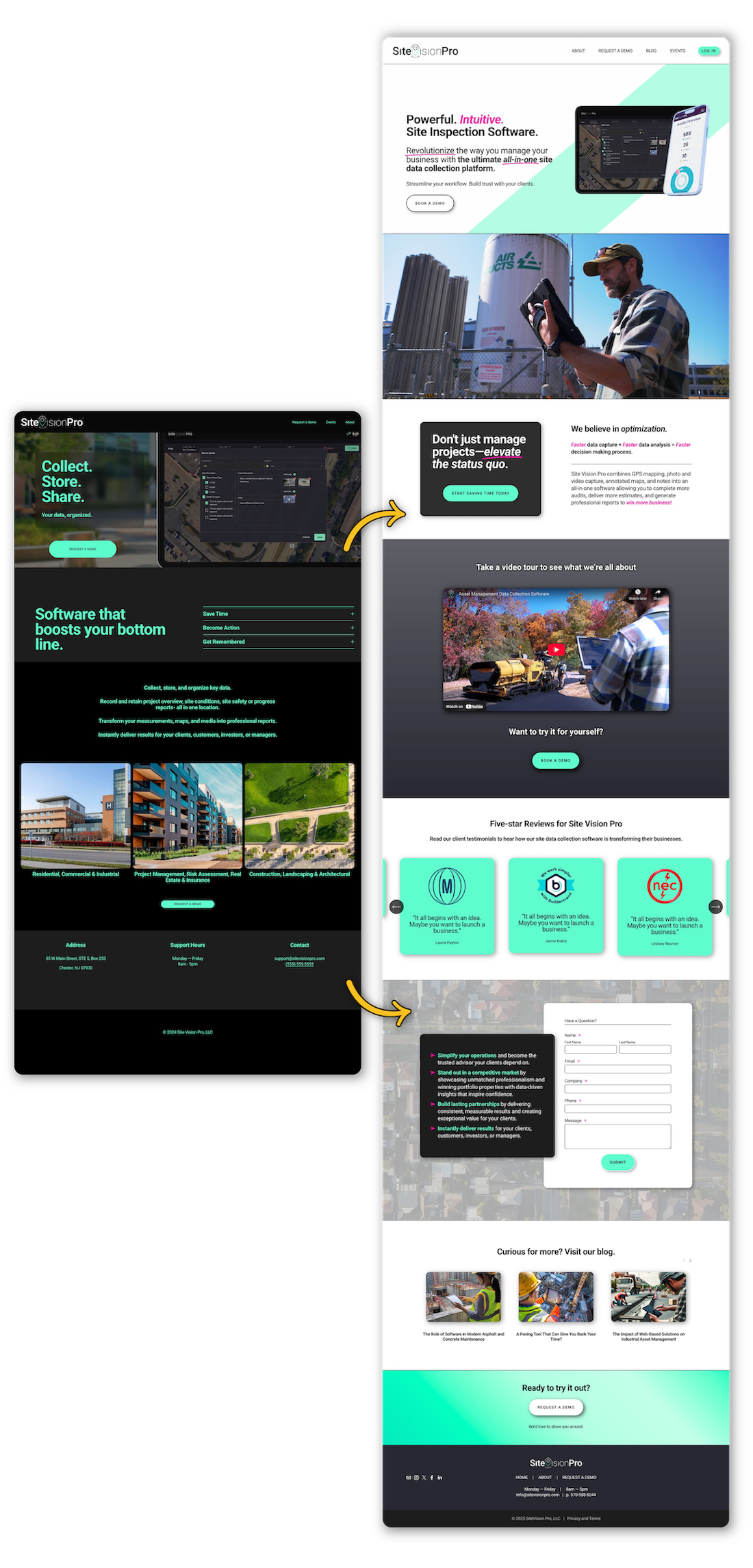 before and after Squarespace home page redesign for software startup