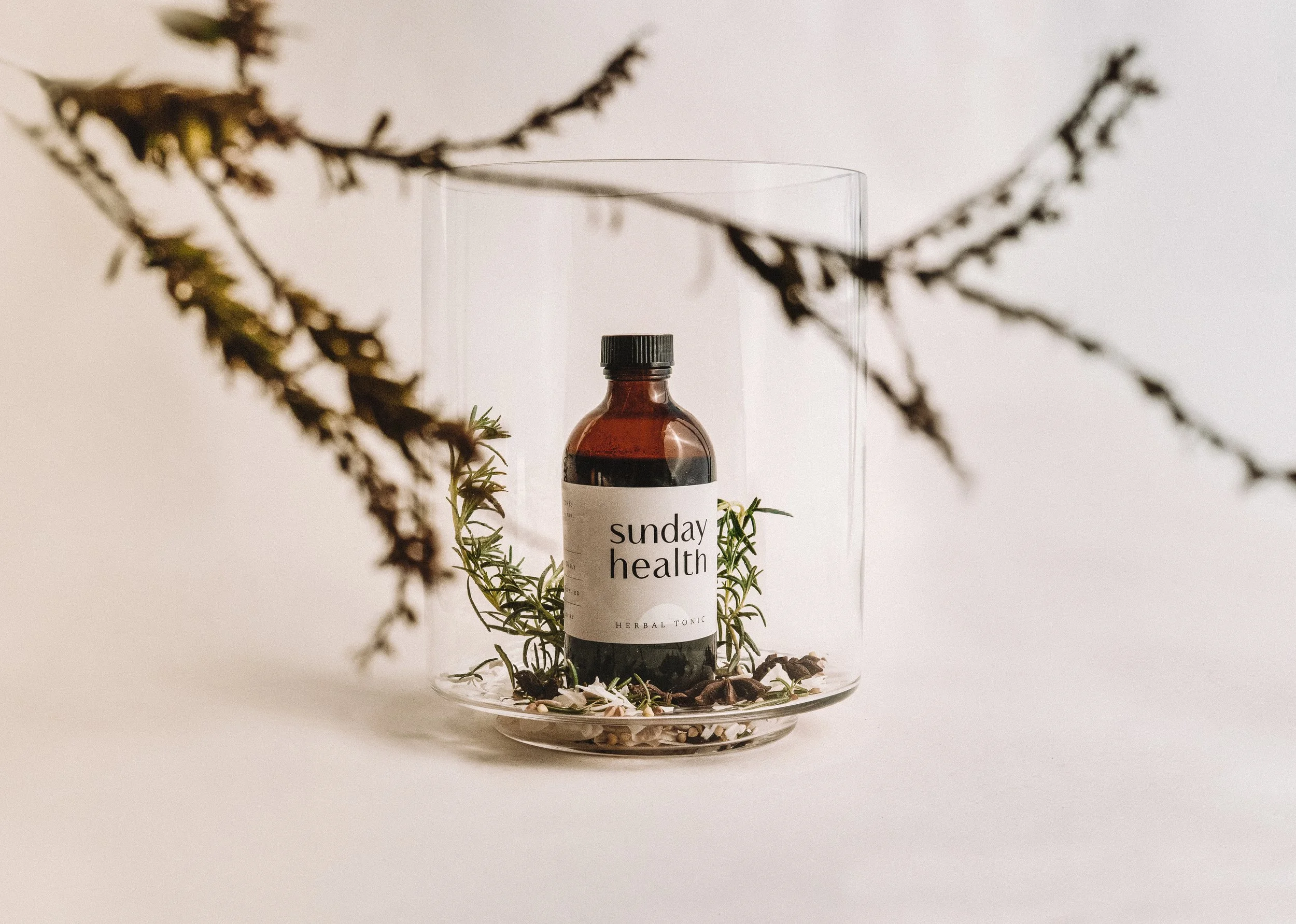 A brown bottle labeled 'sunday health herbal tonic' is placed inside a glass container surrounded by sprigs of herbs and small stones, with blurred plants in the foreground.