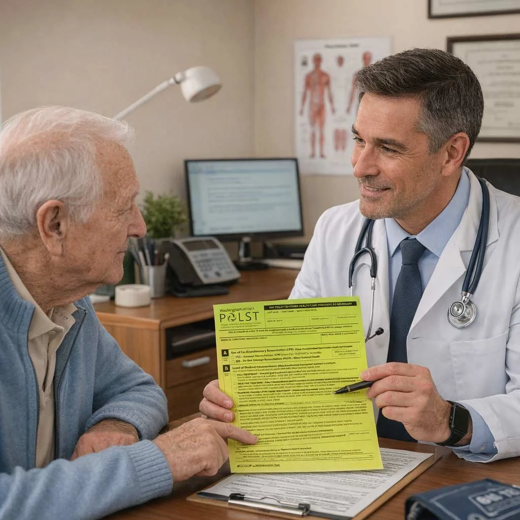 doctor reviewing a POLST form with an elderly man