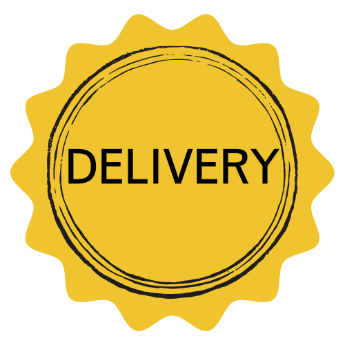 Yellow badge with black text that says "Delivery" in the center, surrounded by a decorative border.