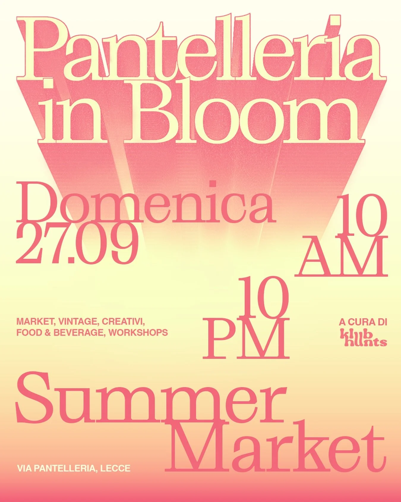 Save the date: Pantelleria In Bloom vi aspetta domenica 27 Settembre a Lecce (nuova data aggiornata) 🌞

Dopo le prime due edizioni, con questo terzo appuntamento ci rivediamo in Via Pantelleria per chiudere l&rsquo;estate insieme con un market diffu