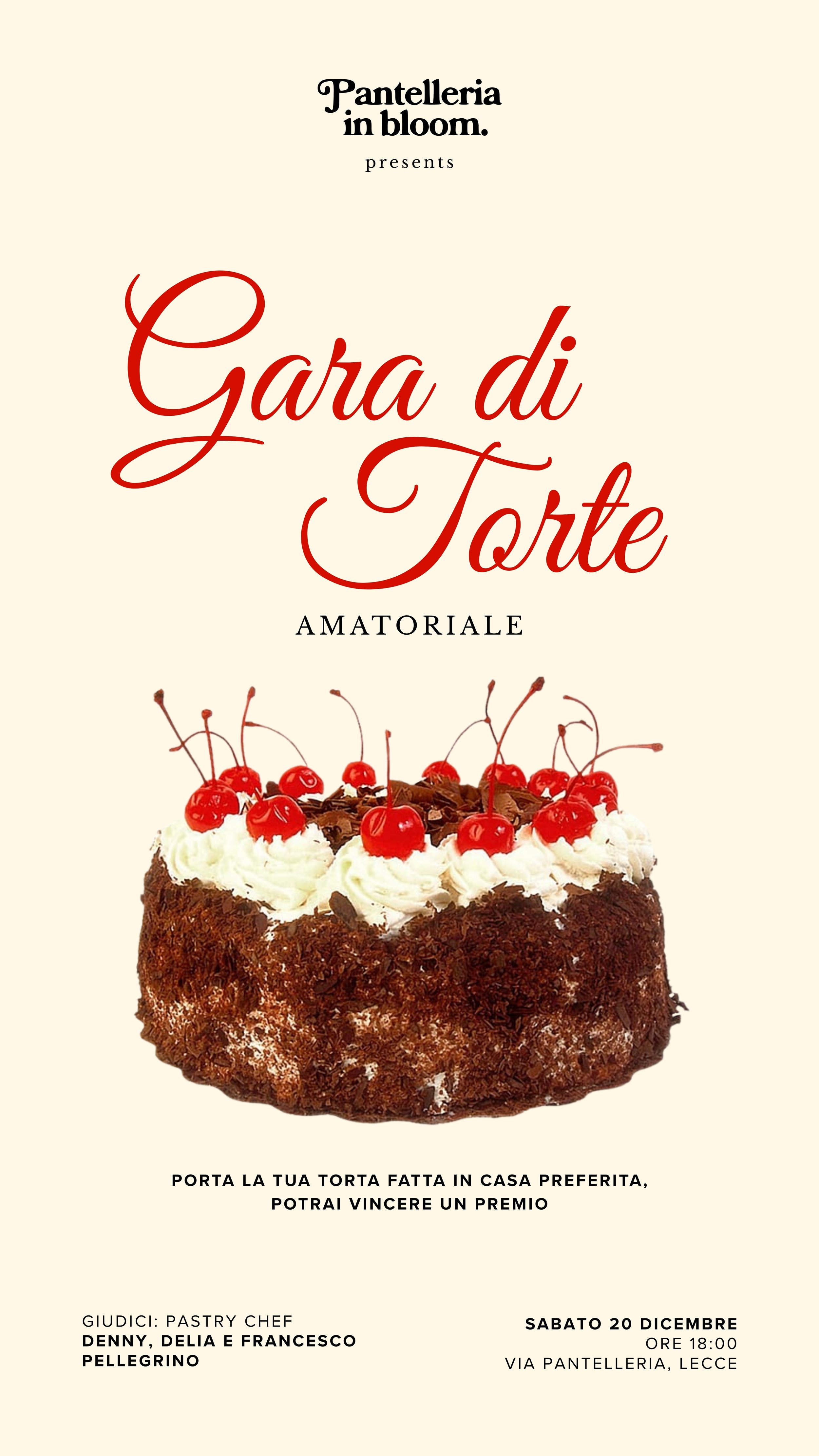 Ami preparare i dolci?
Partecipa alla “Gara di Torte” di Pantelleria in Bloom! 🍰

Sabato 20 dicembre potrai mettere alla prova le tue doti di pasticceria facendo assaggiare la tua torta preferita a tre super giudici della nostra città:
Danny - @caff