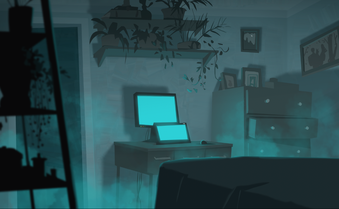 Dimly lit bedroom with a desk holding a computer monitor and laptop, potted plants on a shelf, a dresser with framed photos, and artwork on the walls, foggy atmosphere.