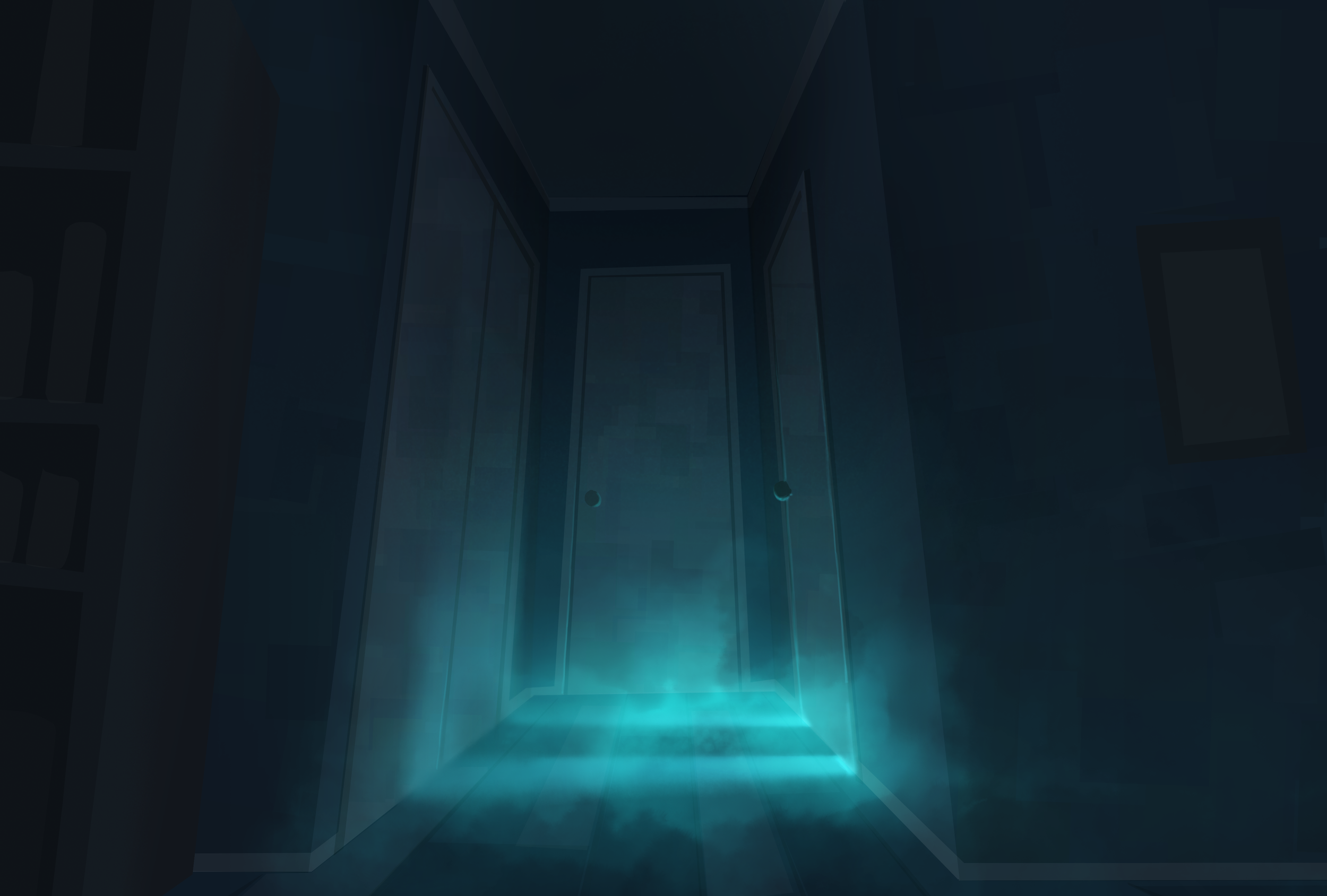 Dark hallway with glowing blue light on the floor leading to a closed door.