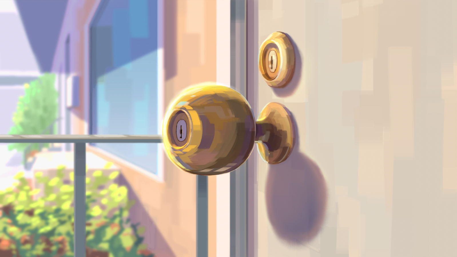 A gold doorknob and deadbolt lock on a closed window or door, with a blurred background of a porch and greenery outside.