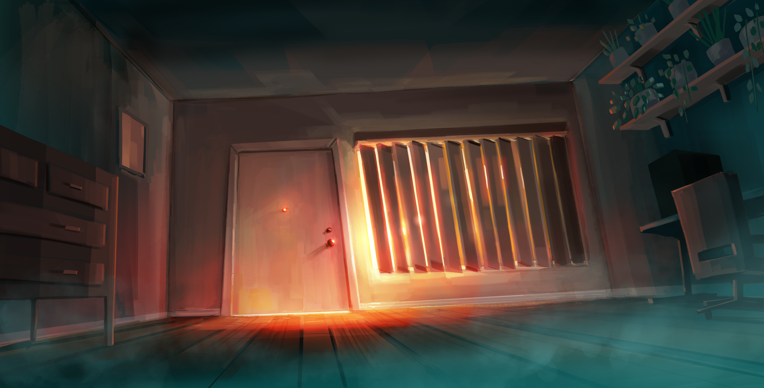 A room on fire with intense orange flames and smoke, seen through a partially open door with light streaming in from outside.