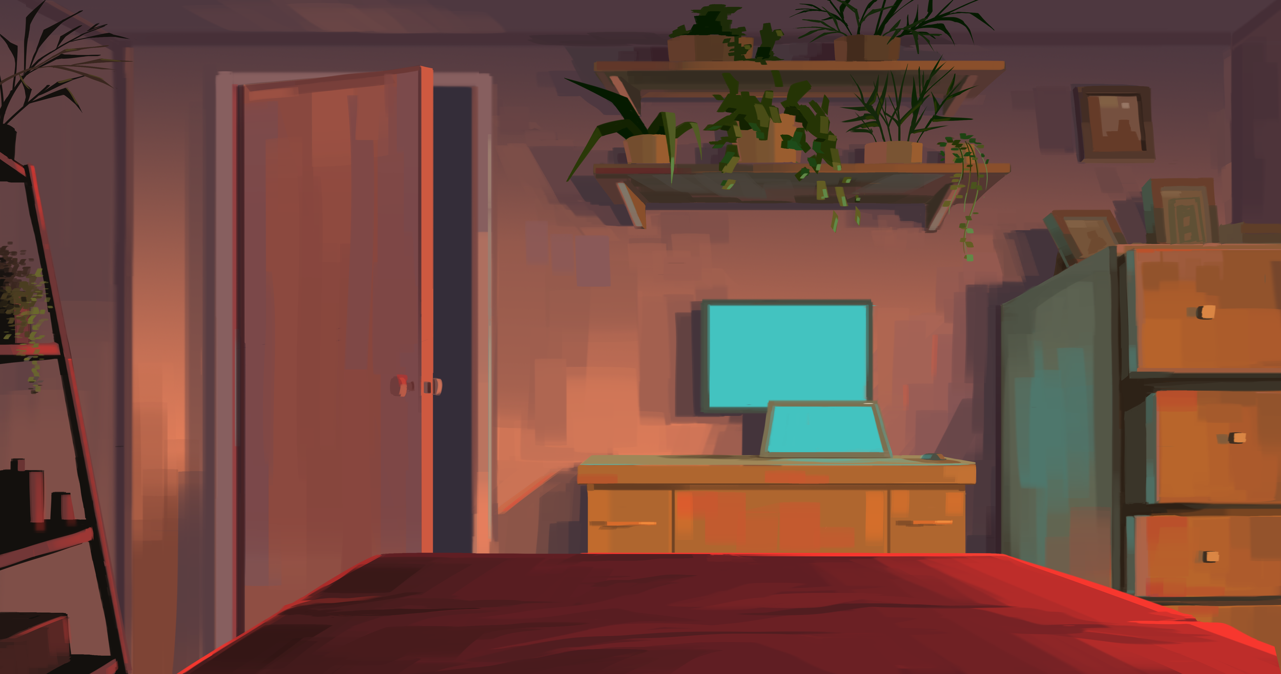 A cozy bedroom with a bed in the foreground, a wooden dresser with a computer monitor and laptop, a wardrobe, and a wall-mounted shelf with potted plants. There are framed pictures on the wall and a shelving unit with additional plants on the left.
