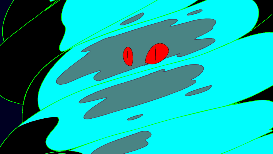 An animated, stylized image of a creature with blue and black fur, large red eyes, and a gray face, resembling a wolf or fox in a cartoon style.