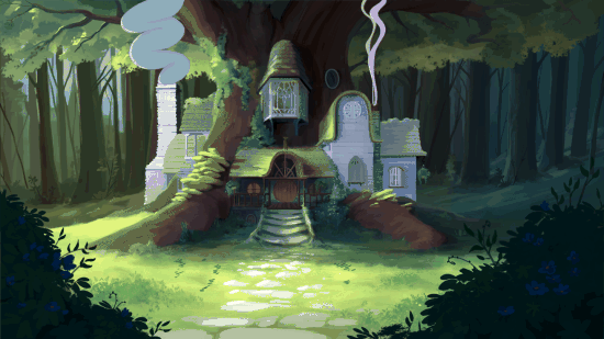 A whimsical treehouse built into a large tree in a lush forest, featuring stone and wooden construction with smoke rising from chimneys.