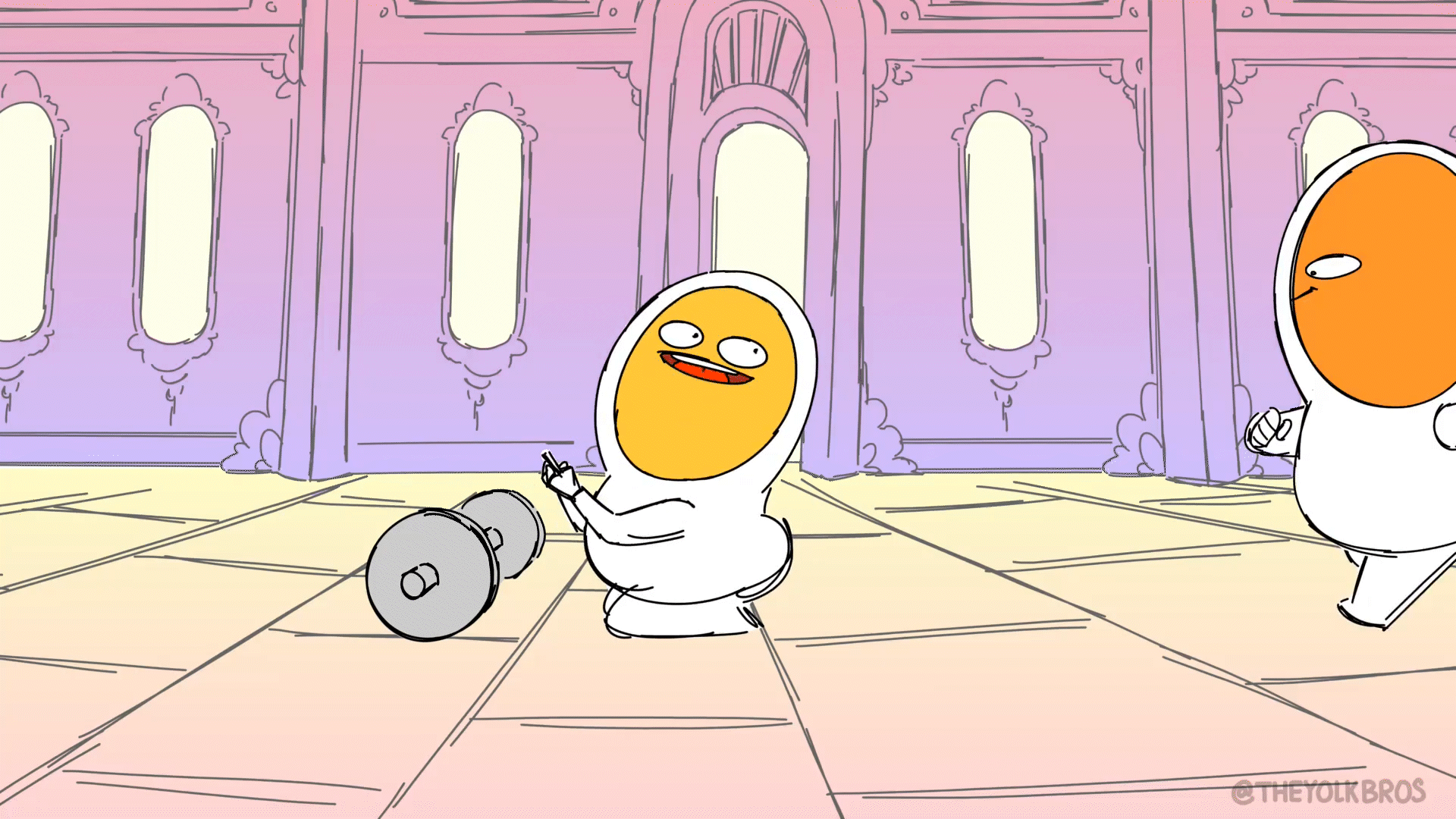 Cartoon characters with egg-shaped faces in white outfits, one kneeling with a dumbbell and smiling, the other standing, in a pastel-colored room with ornate purple walls and large windows.