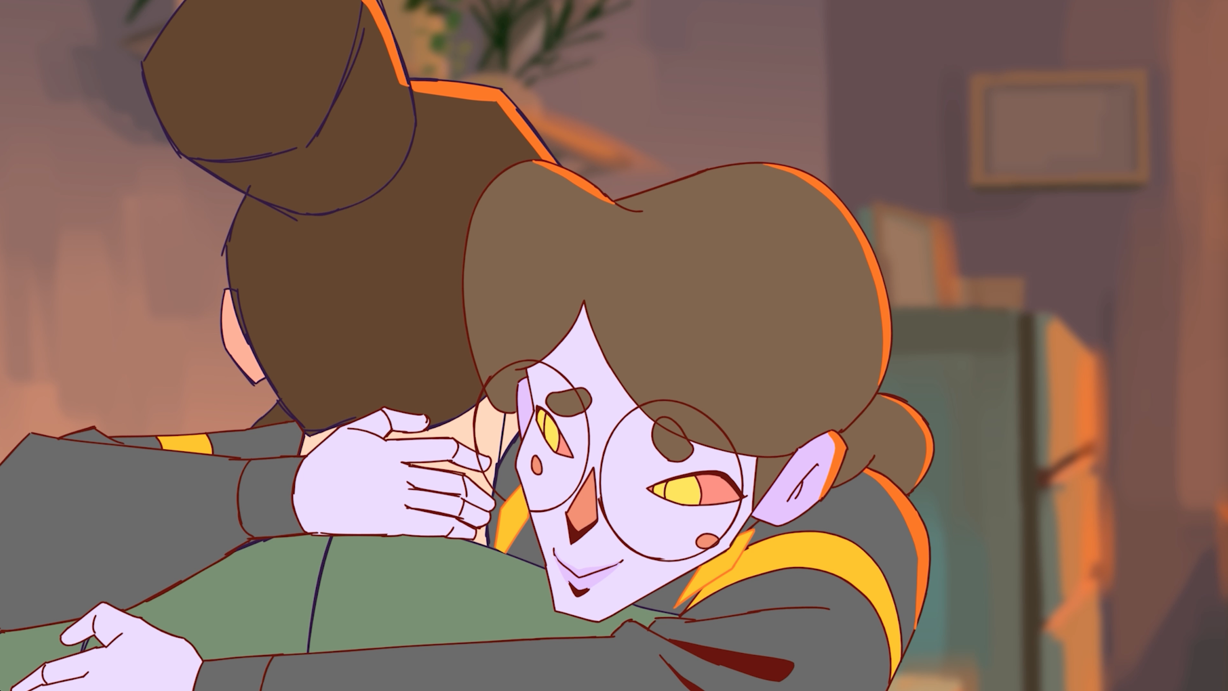 An animated scene showing two characters in a close embrace, with one character touching the other's face. One character has purple skin, yellow eyes, and glasses, while the other has a darker skin tone, wearing a hat and uniform with yellow accents, in a room with background shelves and plants.