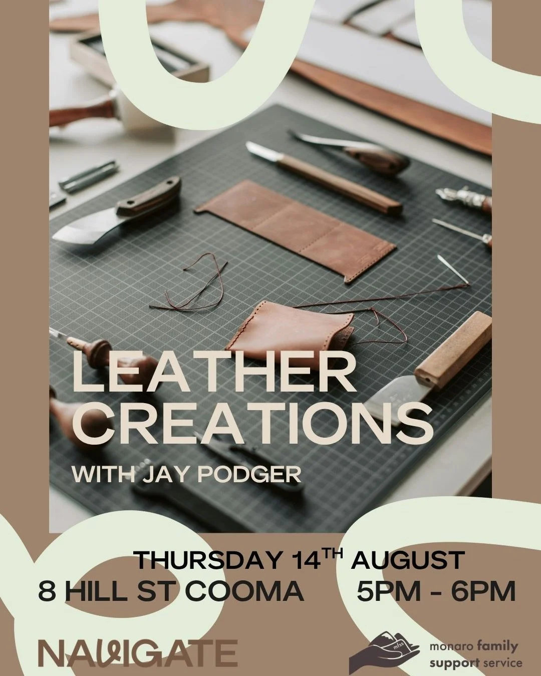 NEW DATE ALERT

🎨 Leather Creations: Hands-On with Jay Podger

Back by popular demand &ndash; another chance to get crafty with leather! 🧵 Join us for a FREE workshop with the talented Jay Podger.

📍 8 Hill St, Cooma NSW

📅 Wednesday, 14th August