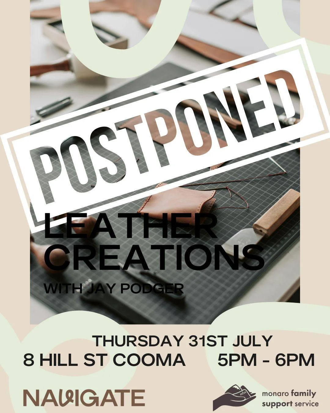 EVENT POSTPONED 🚨

🎨 Leather Creations: Hands-On with Jay Podger

Unfortunately, due to low numbers, we&rsquo;ve had to postpone the leather workshop originally scheduled for Thursday, 31st July at 8 Hill St, Cooma.

Good news! The workshop is stil