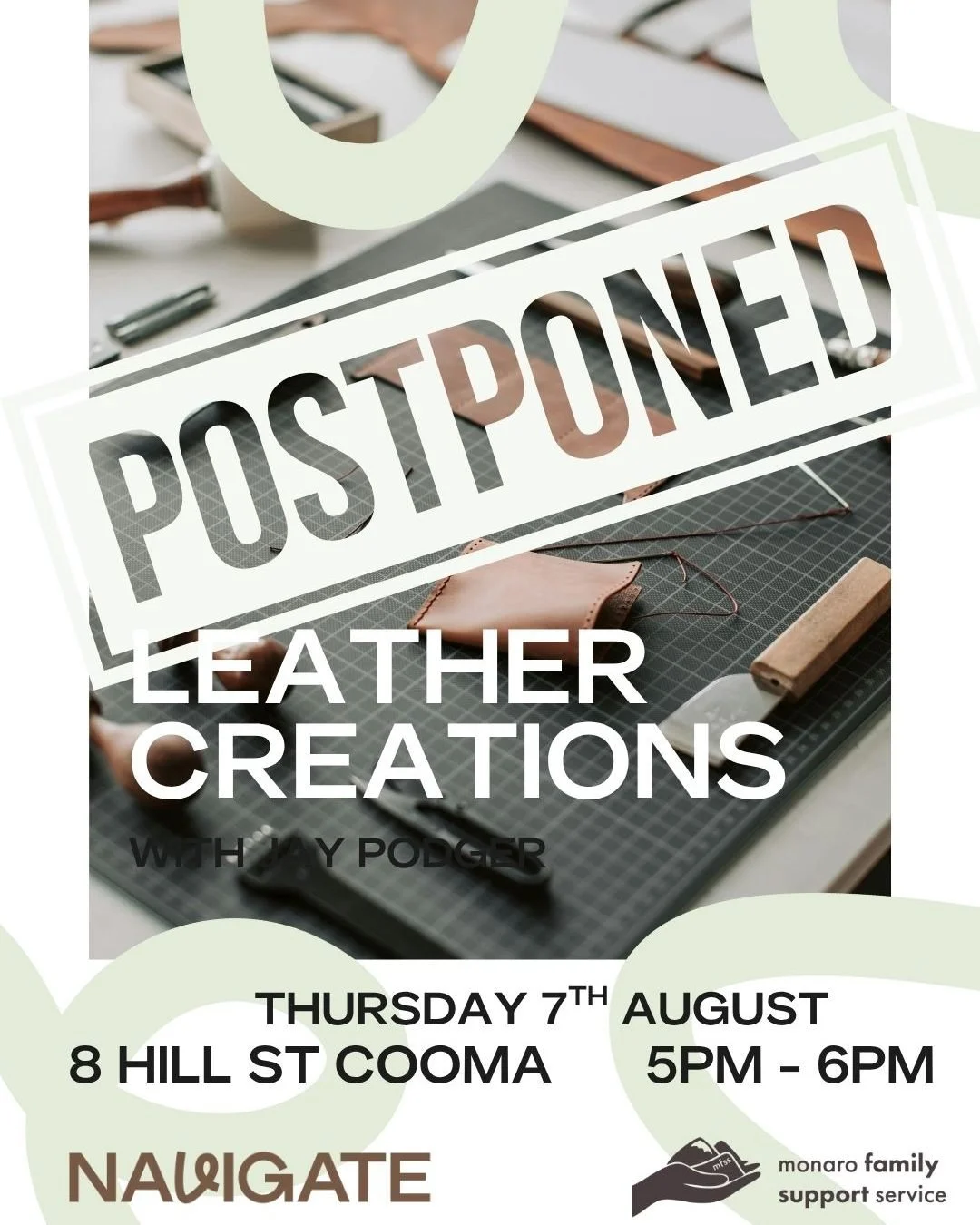 EVENT POSTPONED 🚨

🎨 Leather Creations: Hands-On with Jay Podger

Unfortunately, due to low numbers, we&rsquo;ve had to postpone the leather workshop originally scheduled for Thursday, 7th August at 8 Hill St, Cooma.

Good news! The workshop is sti