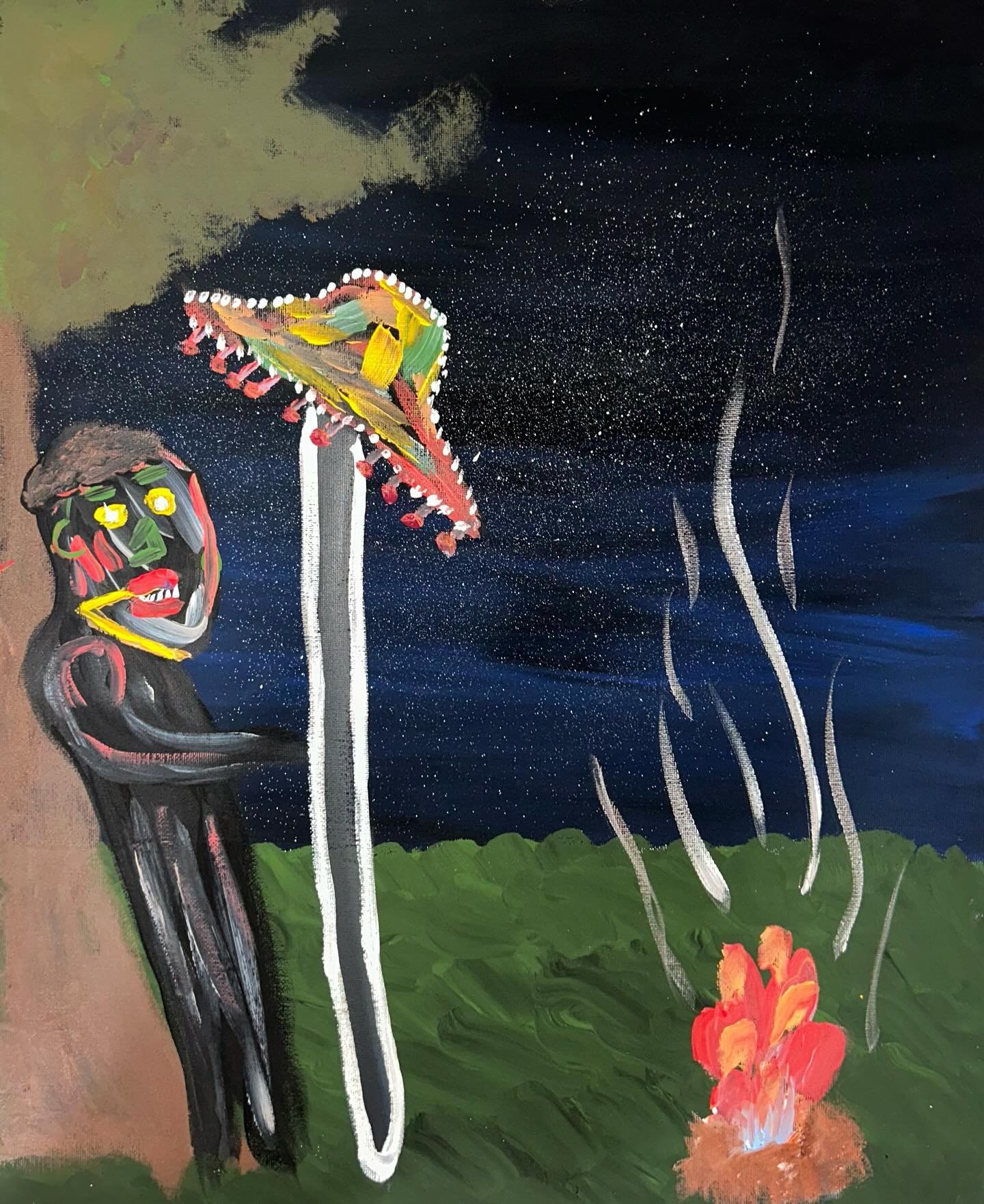 Bushman at bedtime 

The Bushman is winding down after a long day of work, finding comfort in the calming embrace of the evening. He watches the smoke rise up-to stars in the night sky. His eyes grow heavy with exhaustion, reflecting the peaceful end