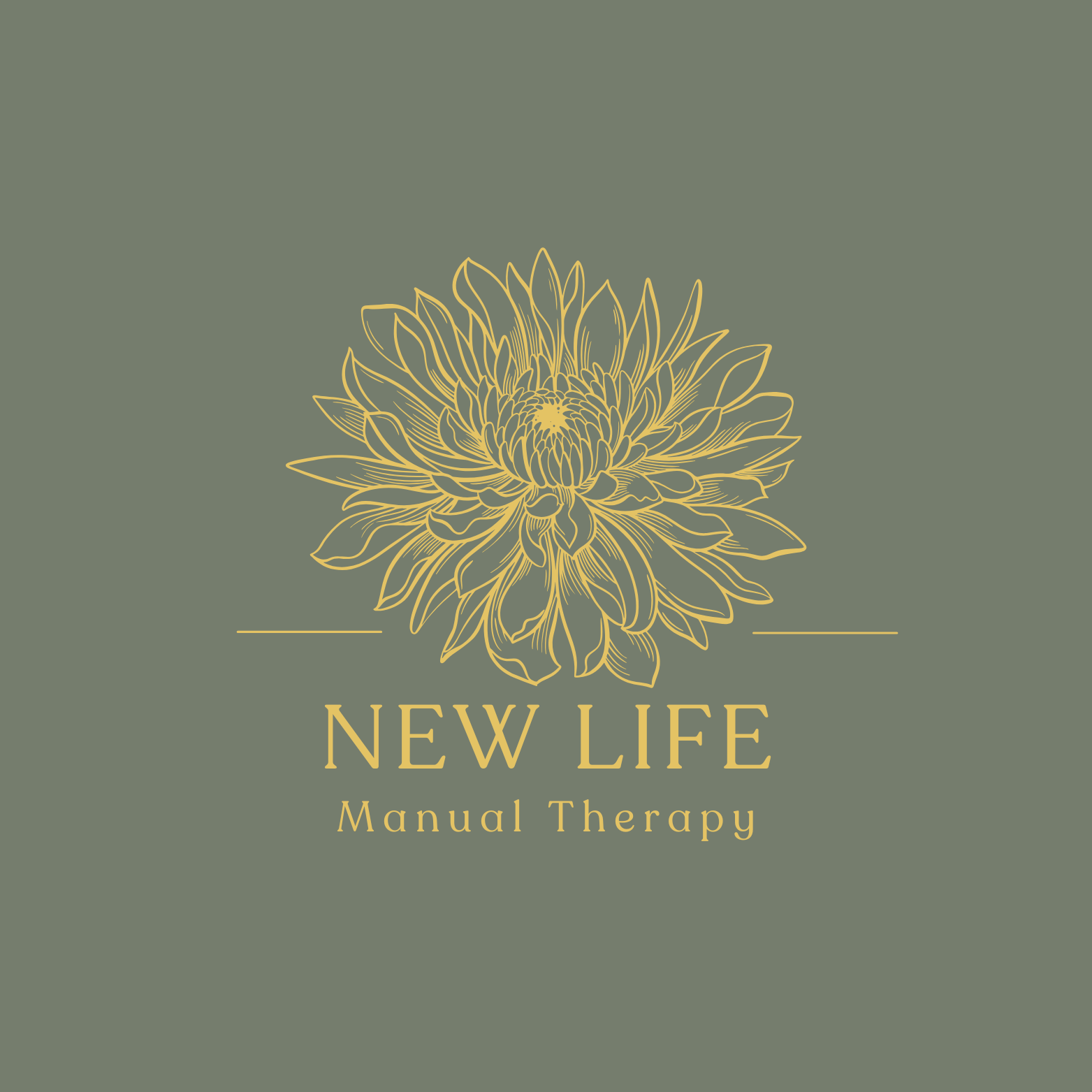 A logo with a gold line drawing of a chrysanthemum flower on a muted green background, with the text 'NEW LIFE' and 'Manual Therapy' below it.