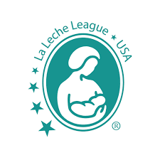 Logo for La Leche League USA featuring a stylized woman breastfeeding a baby, surrounded by stars and the text 'La Leche League + USA'.
