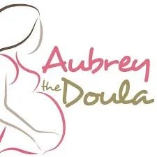 Logo for Aubrey the Doula featuring a stylized outline of a pregnant woman with pink and gold text.