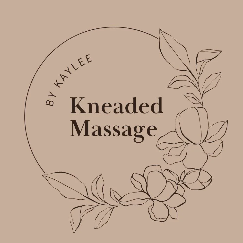 Logo for Kneaded Massage by Kaylee with a beige background, a circular floral design, and text in dark brown that reads "by Kaylee Kneaded Massage."
