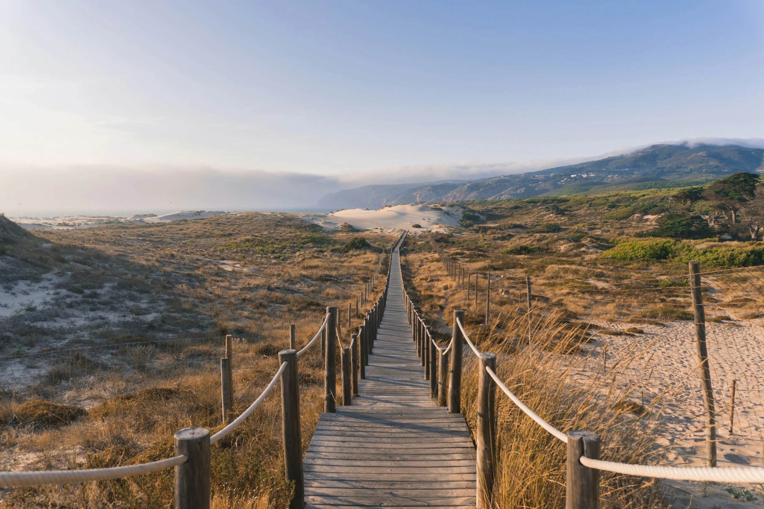 A wooden walkway with railings stretches through sand dunes and low vegetation towards distant hills under a clear blue sky.