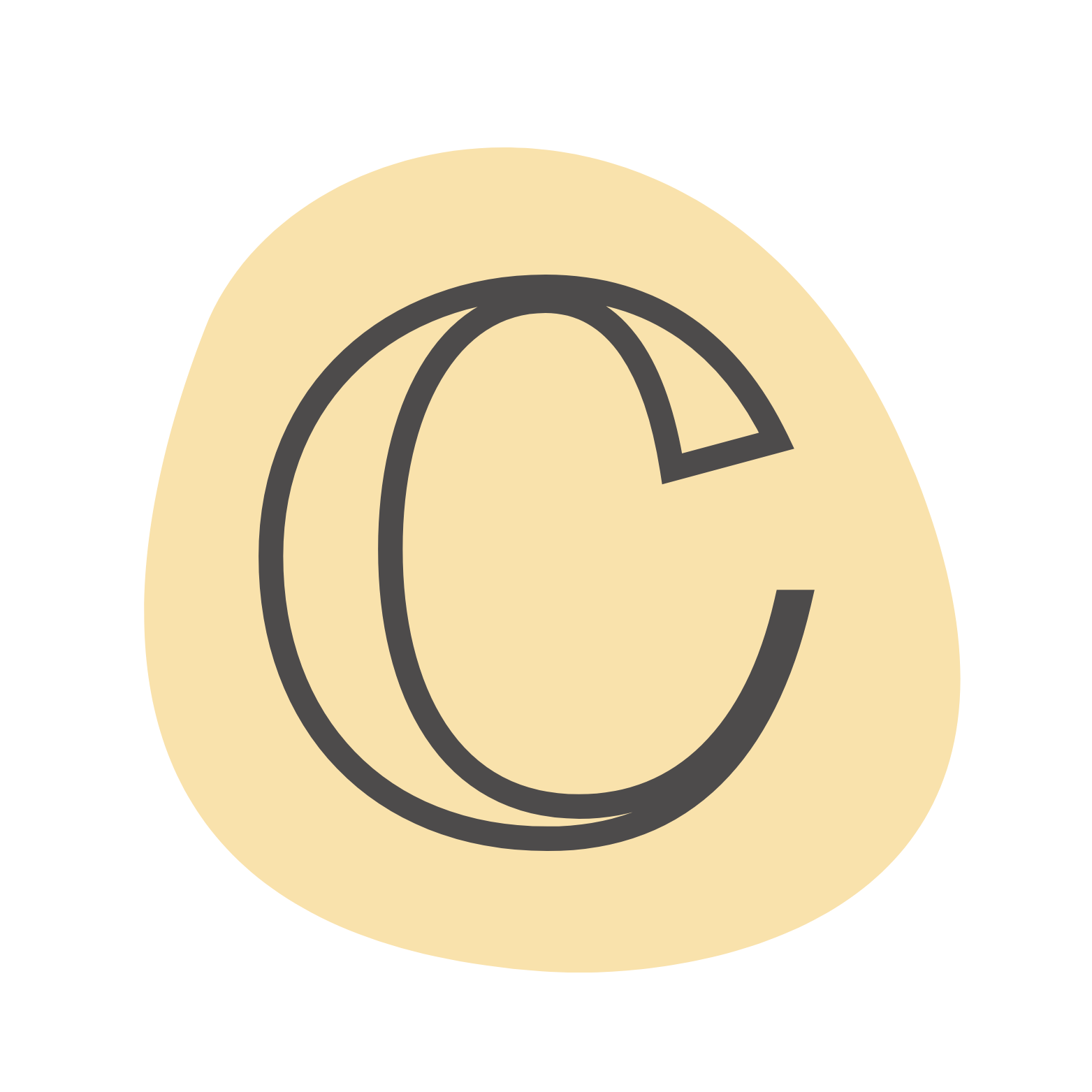 Illustration of a stylized letter 'C' in a black outline within a beige rounded triangle background.